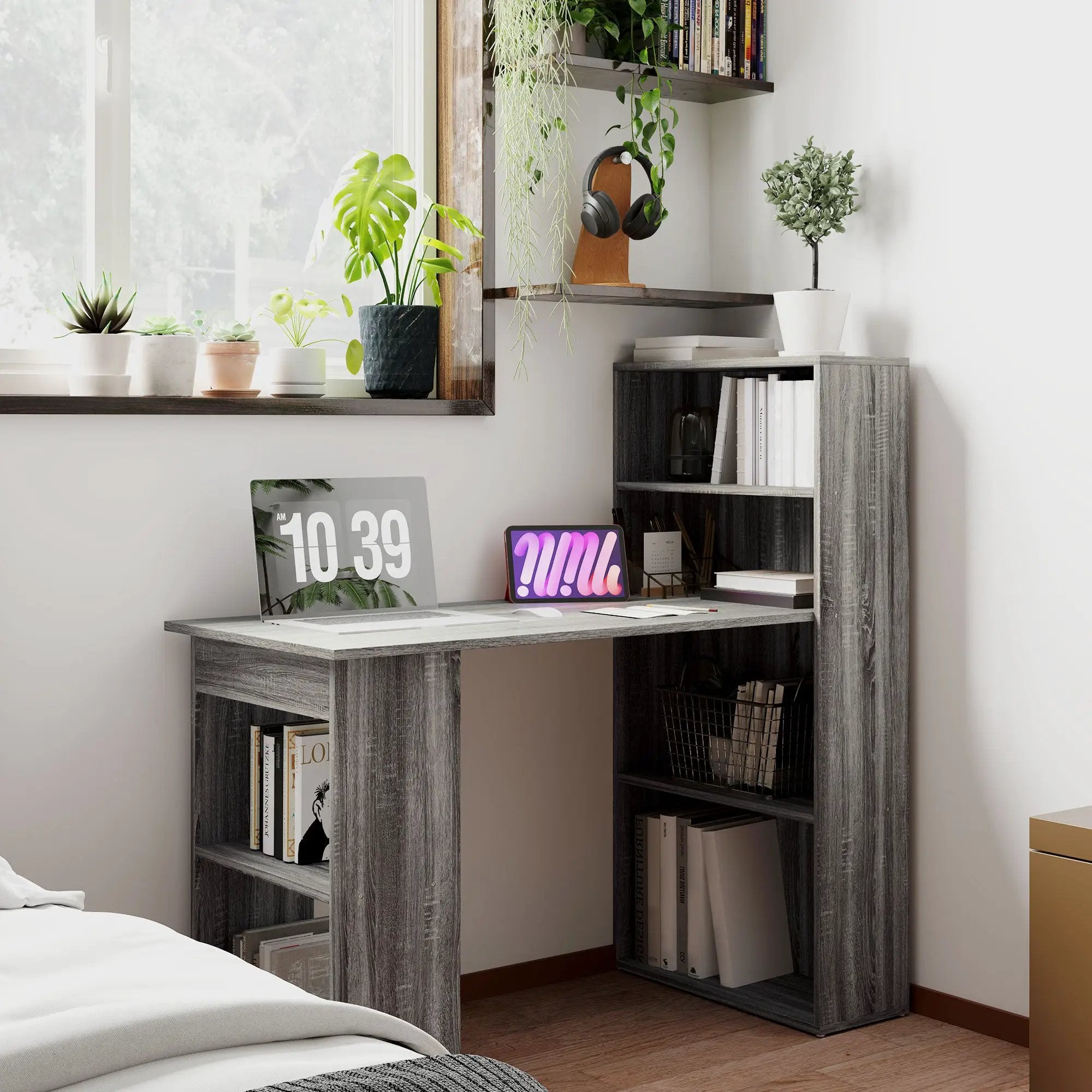 HOMCOM HOMCOM 120cm Computer Desk Bookshelf Writing Table Workstation 6 Shelves Grey - Desk
