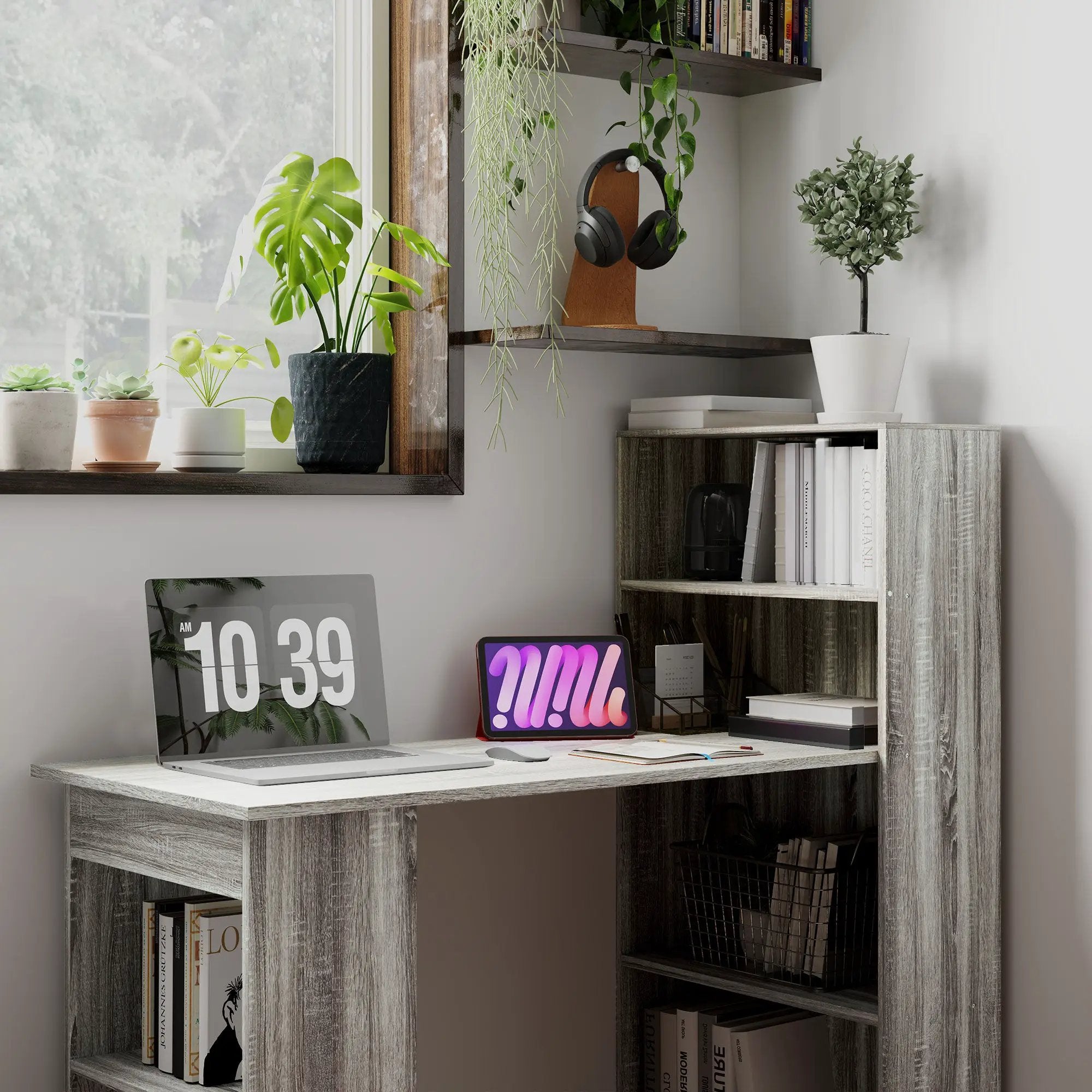 HOMCOM HOMCOM 120cm Computer Desk Bookshelf Writing Table Workstation 6 Shelves Grey - Desk