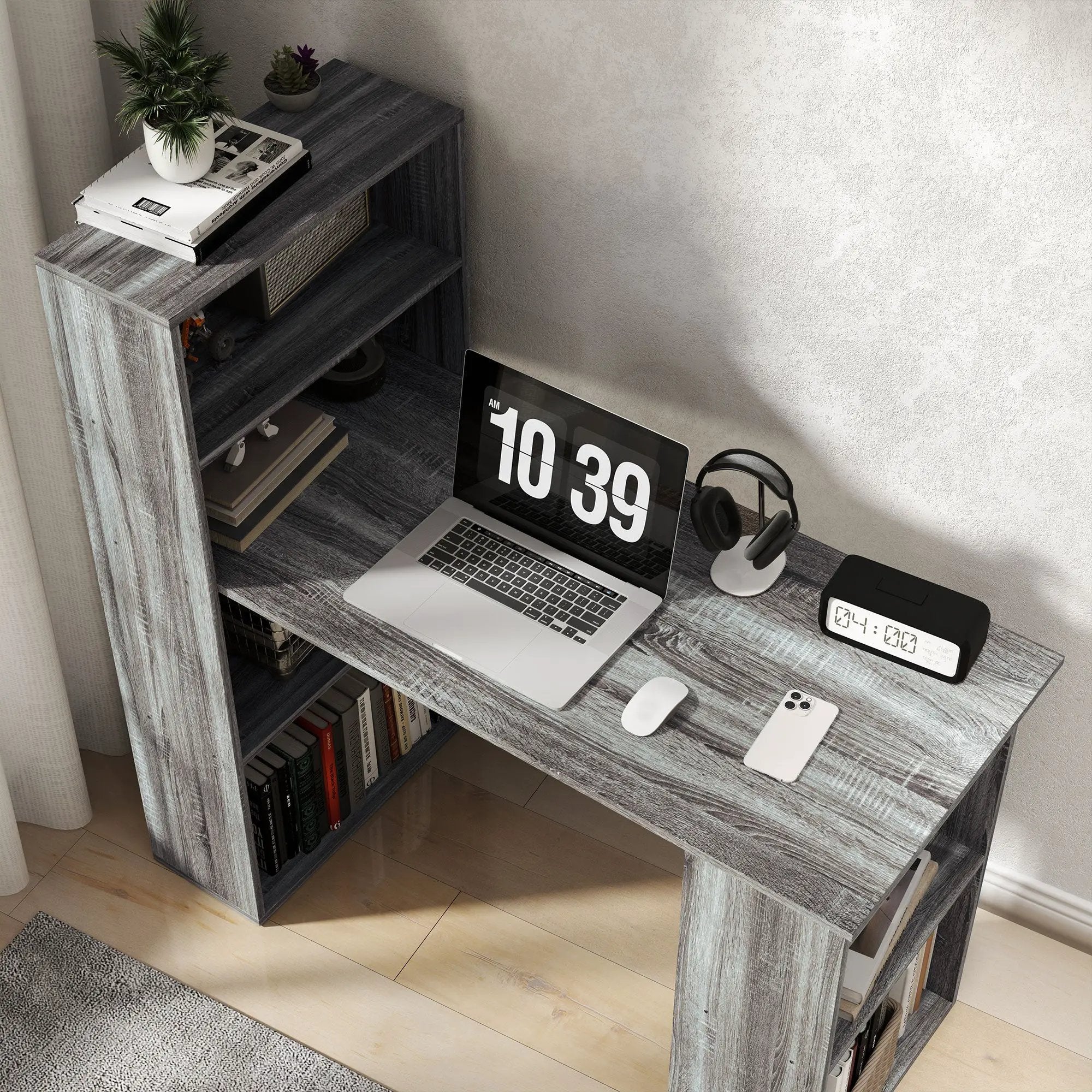 HOMCOM HOMCOM 120cm Computer Desk Bookshelf Writing Table Workstation 6 Shelves Grey - Desk