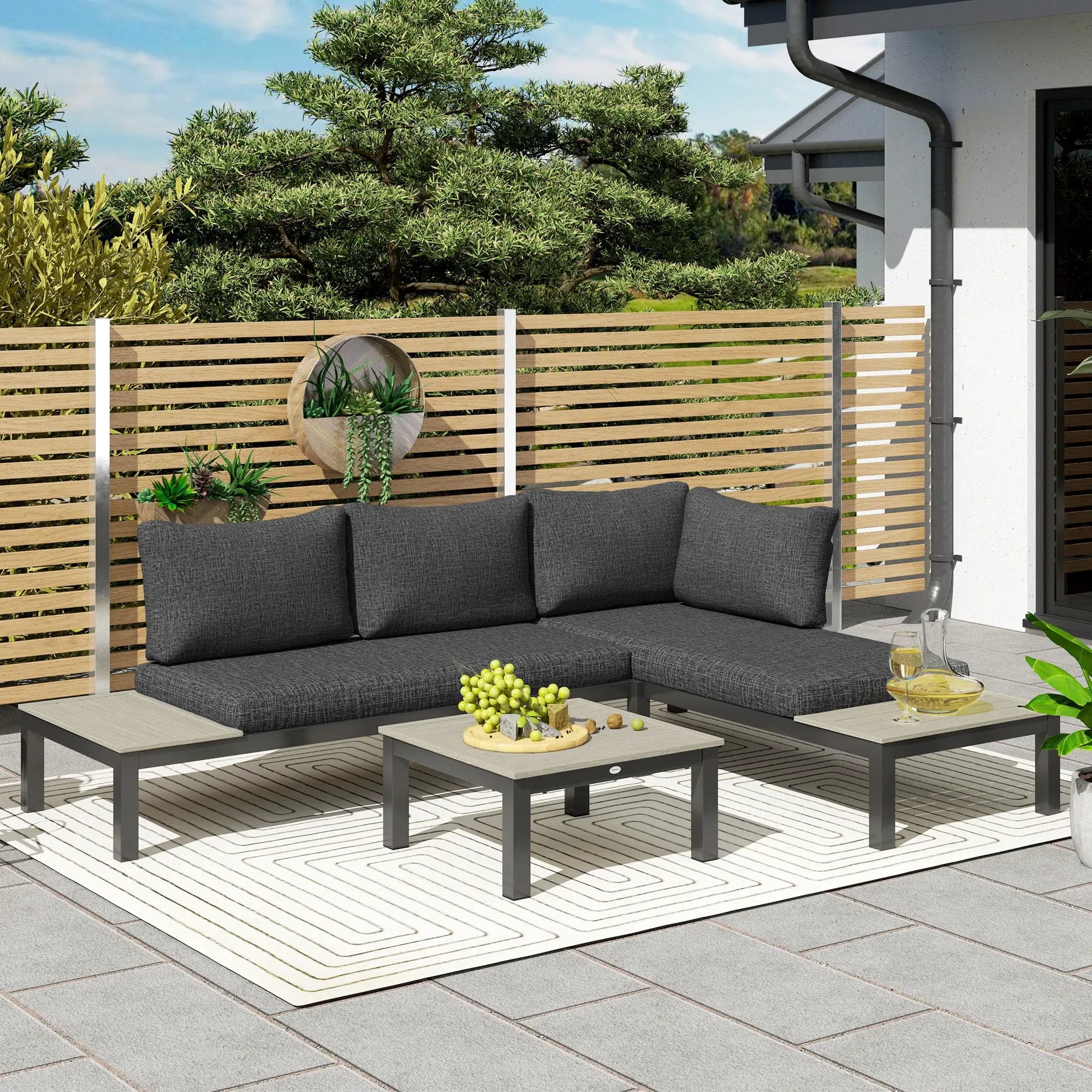 Outsunny Outsunny 3pcs Garden Sectional Sofa Side Table Furniture Set w/ Cushion - Garden Sofa Sets