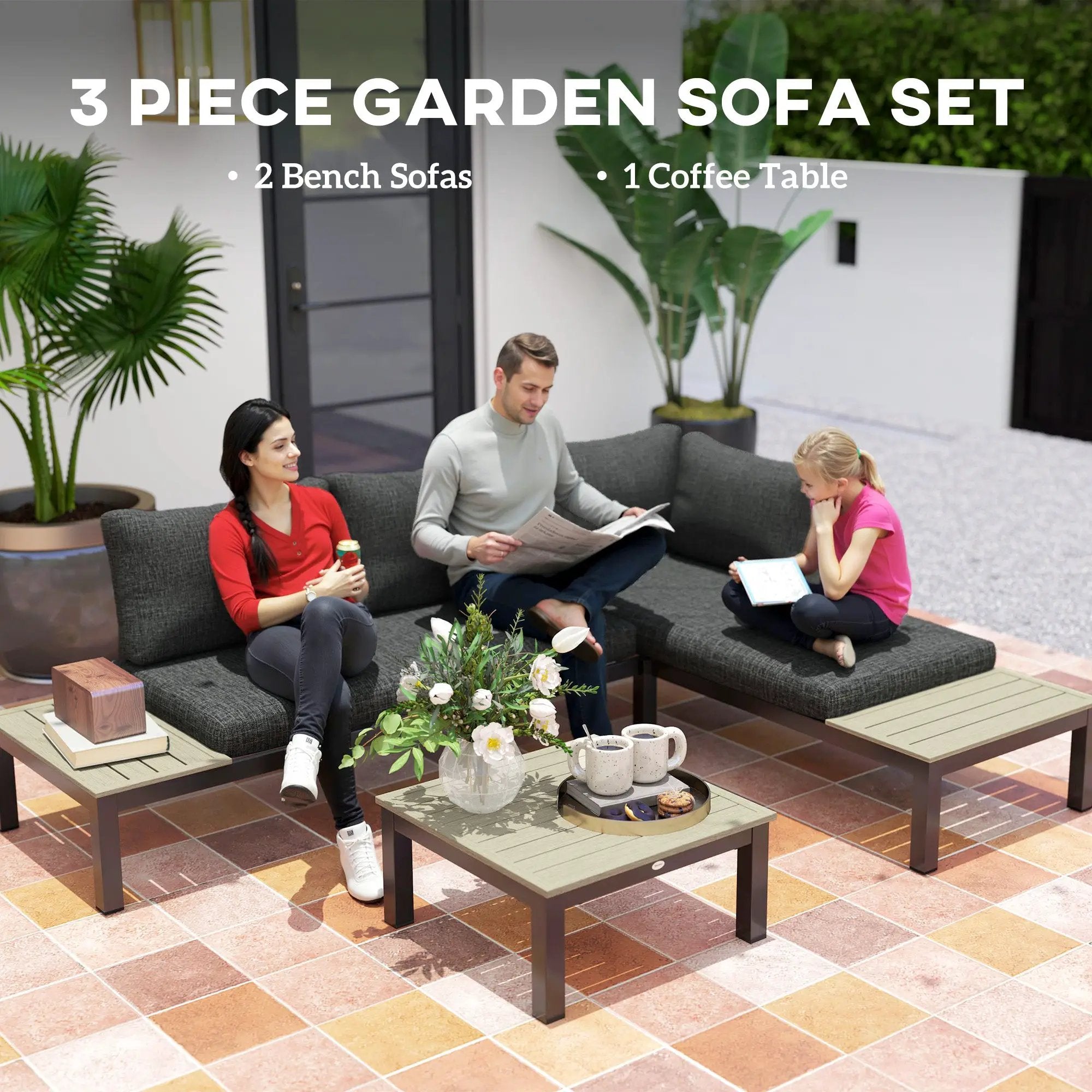 Outsunny Outsunny 3pcs Garden Sectional Sofa Side Table Furniture Set w/ Cushion - Garden Sofa Sets