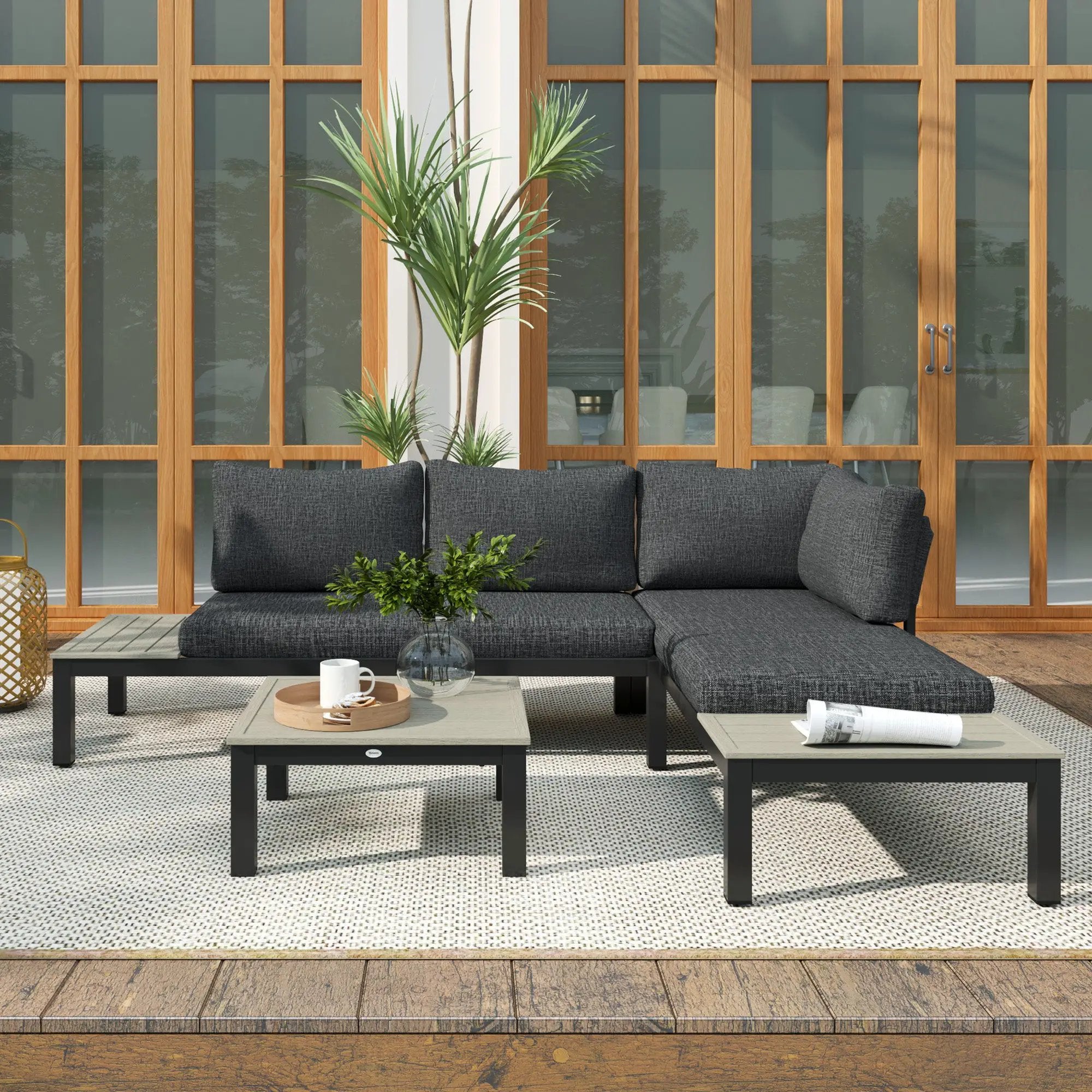 Outsunny Outsunny 3pcs Garden Sectional Sofa Side Table Furniture Set w/ Cushion - Garden Sofa Sets