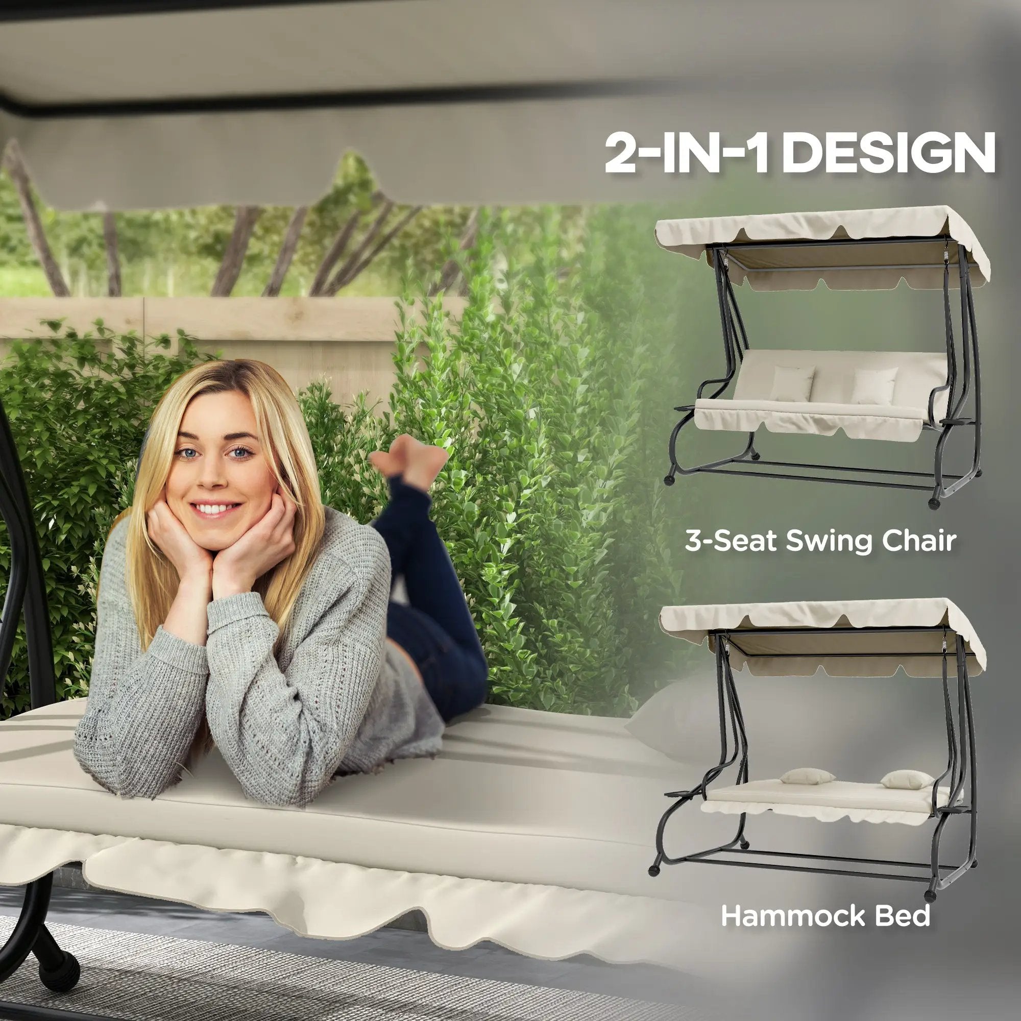 Outsunny Outsunny 2-in-1 Garden Swing Chair for 3 Person w/ Adjustable Canopy, Cream - Hammocks