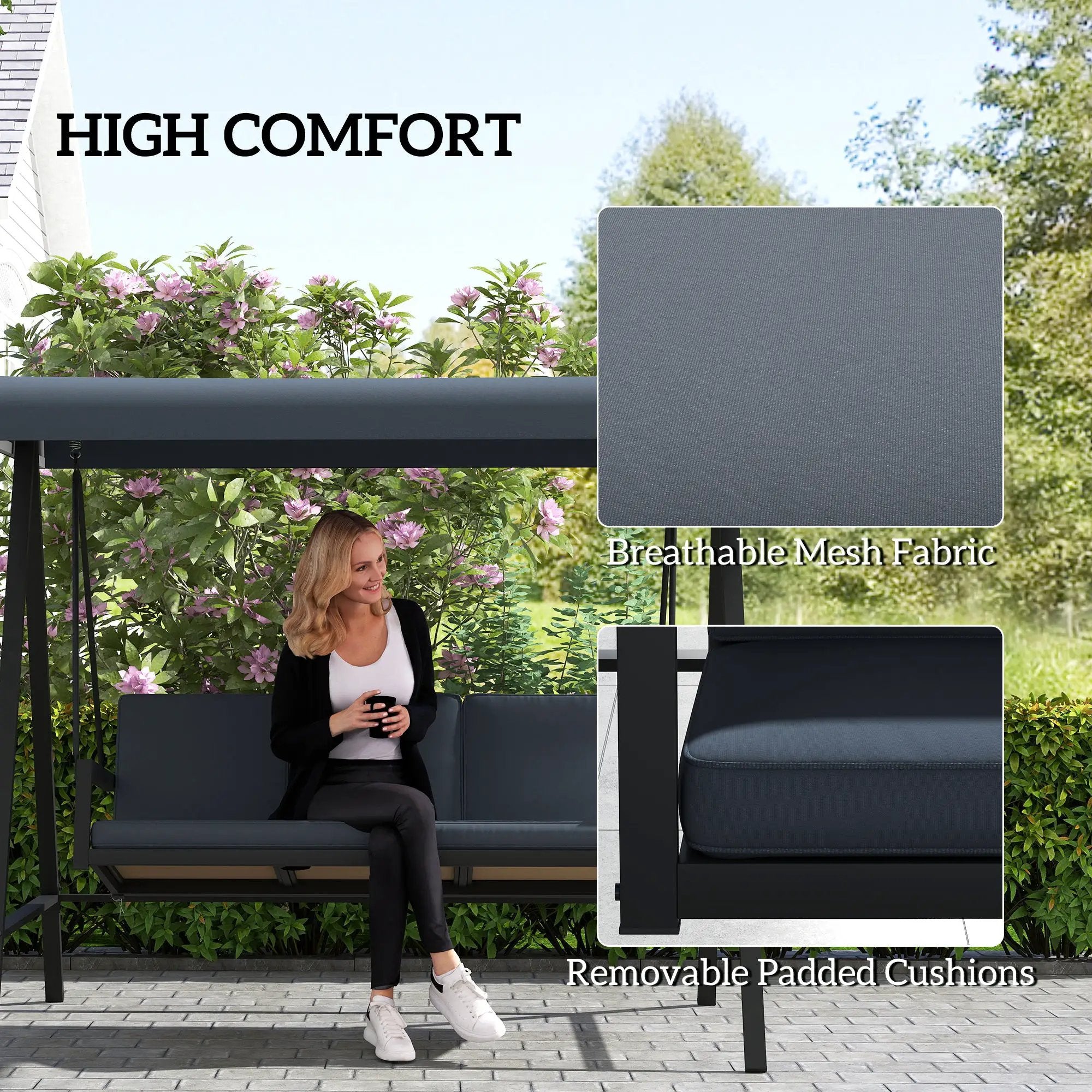 Outsunny Outsunny 3 Seater Garden Swing Chair with Adjustable Canopy, Dark Grey - Hammocks