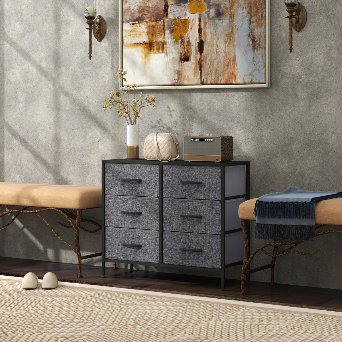 HOMCOM 6 Drawer Fabric Chest 80W Wood Top Hallway by HOMCOM