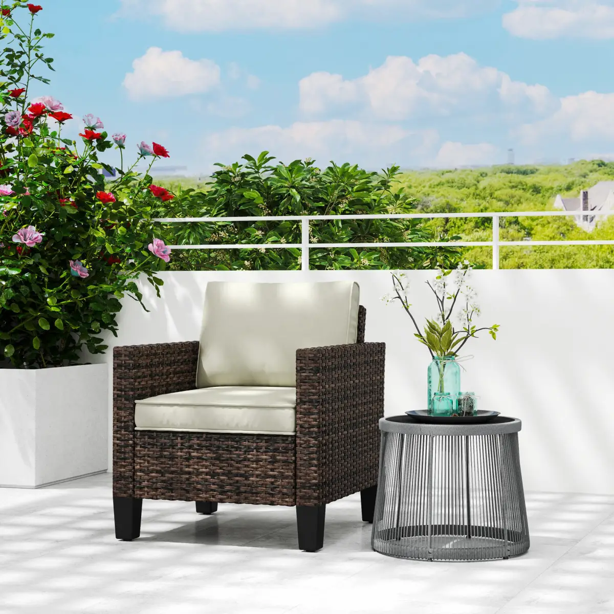 Outsunny Outsunny Single Rattan Chair, Garden Armchair with Cushions - Garden Chairs