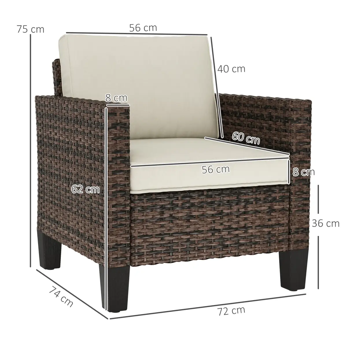 Outsunny Outsunny Single Rattan Chair, Garden Armchair with Cushions - Garden Chairs