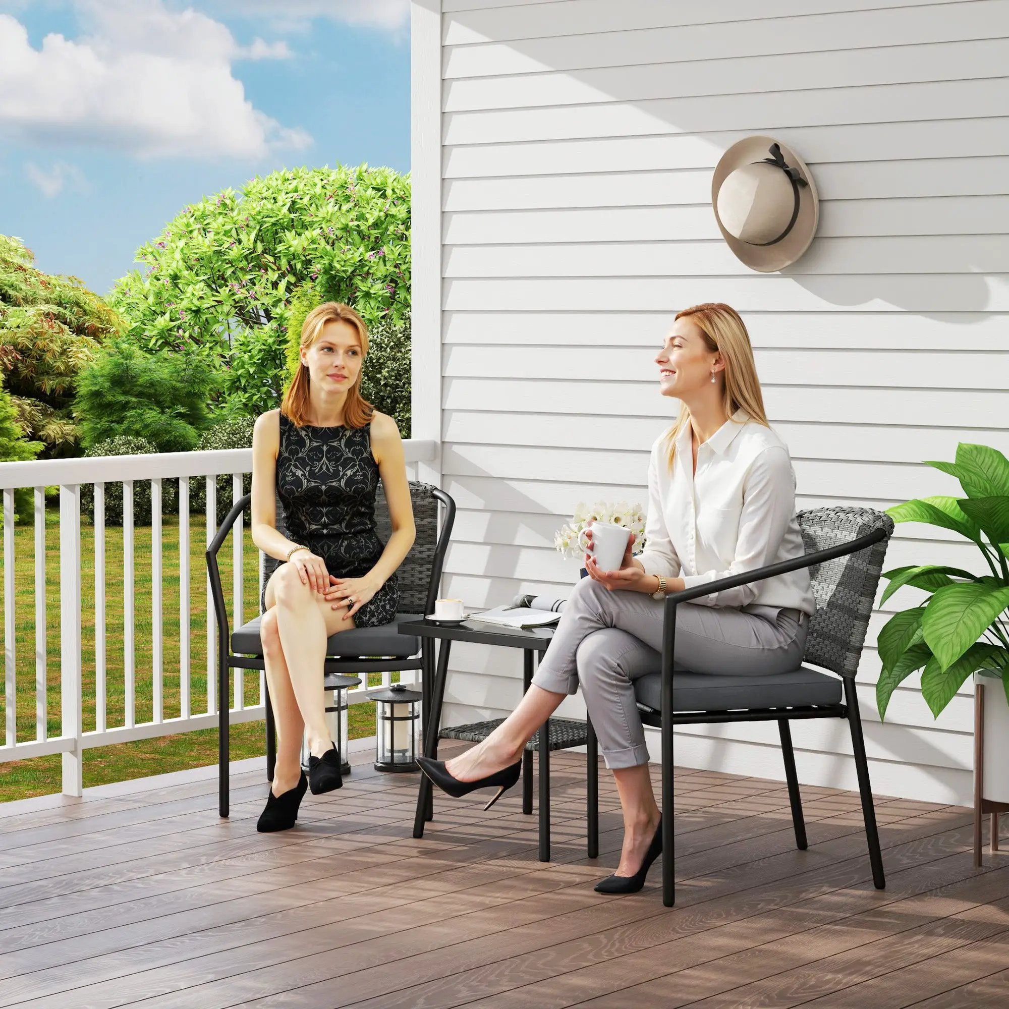 Outsunny Outsunny 3 PCS Rattan Bistro Set with Cushions Glass Top Coffee Table and Chairs - Garden Set