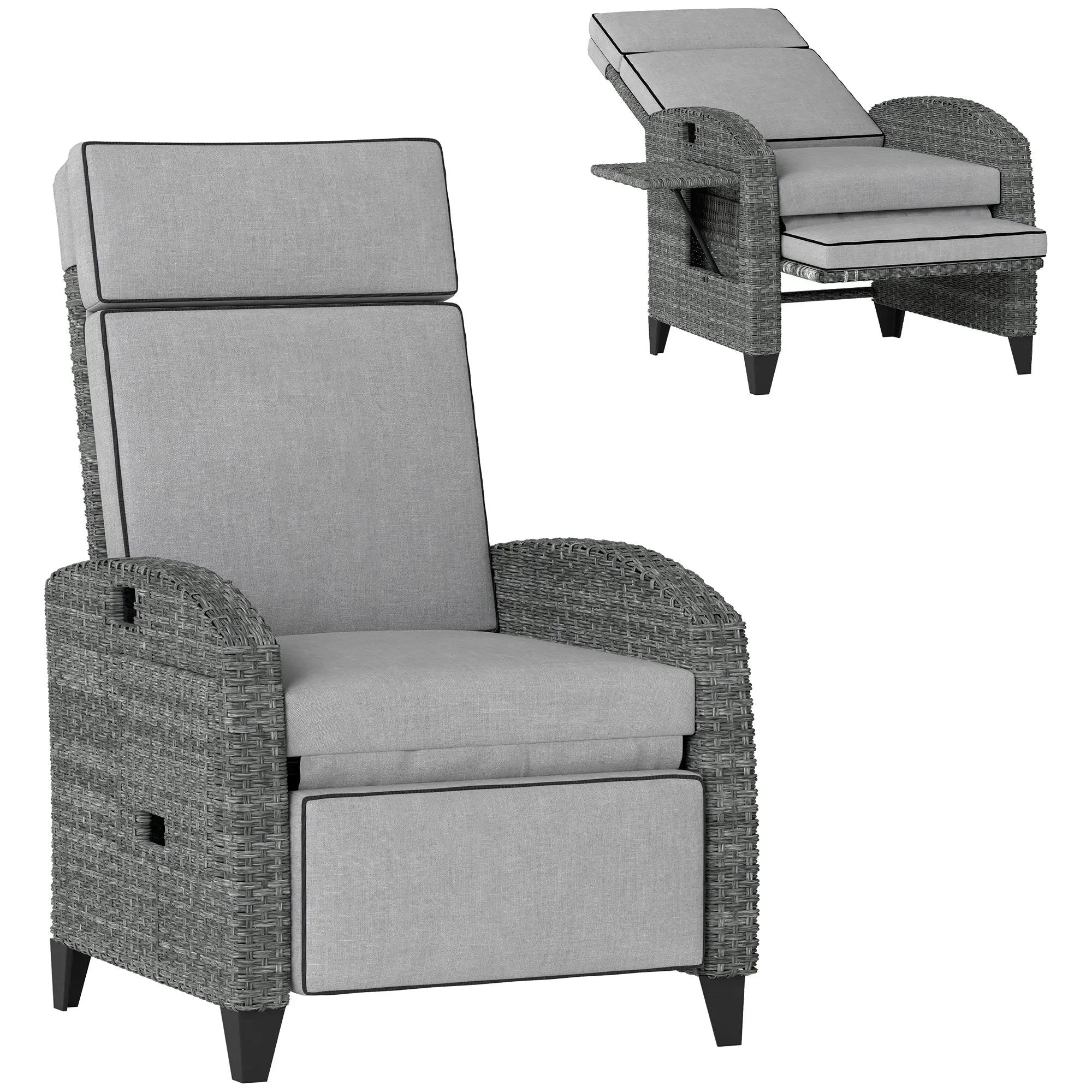 Outsunny Outsunny Outdoor Recliner Chair w/ Cushion Rattan Reclining Lounge Chair, Grey - Sun Lounger