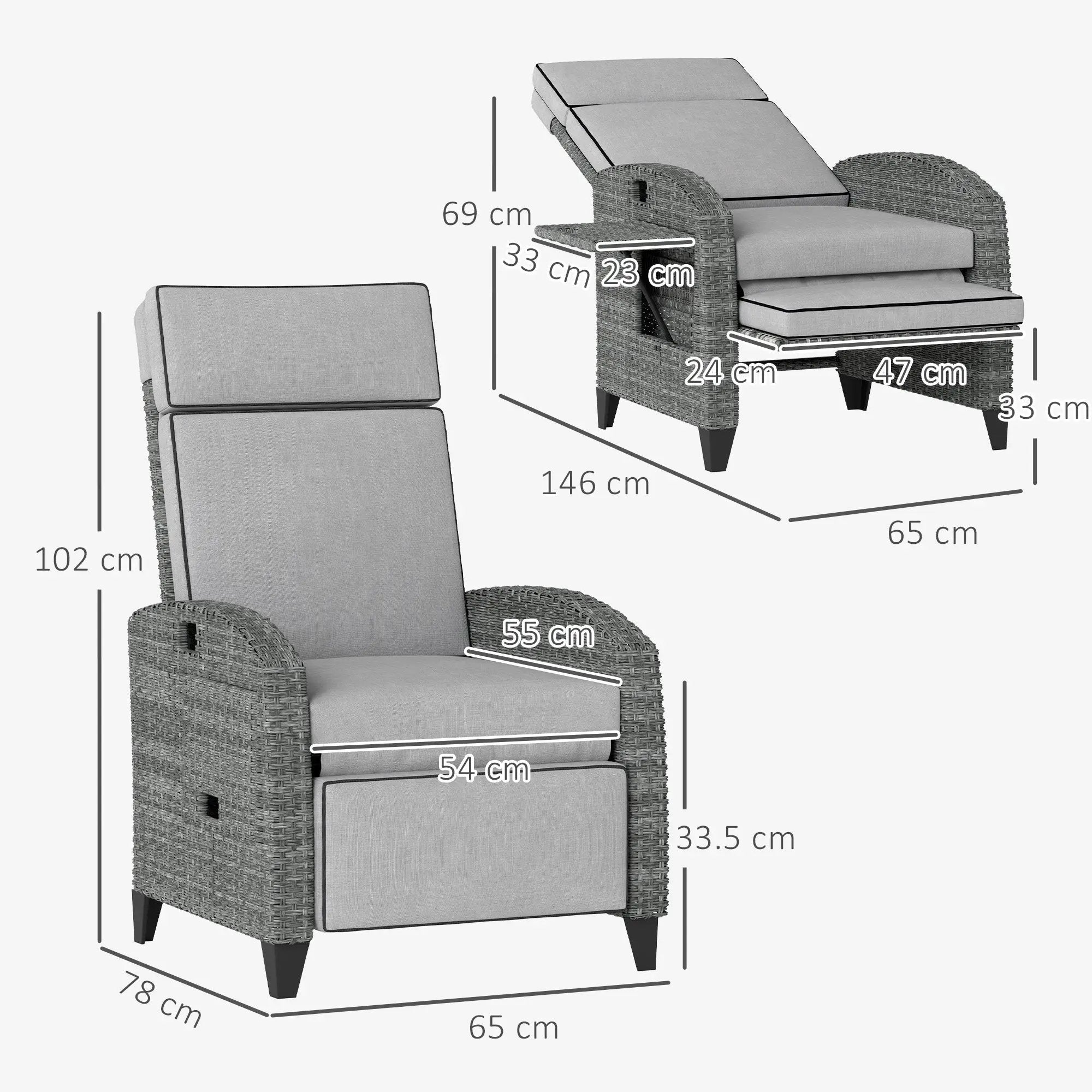 Outsunny Outsunny Outdoor Recliner Chair w/ Cushion Rattan Reclining Lounge Chair, Grey - Sun Lounger