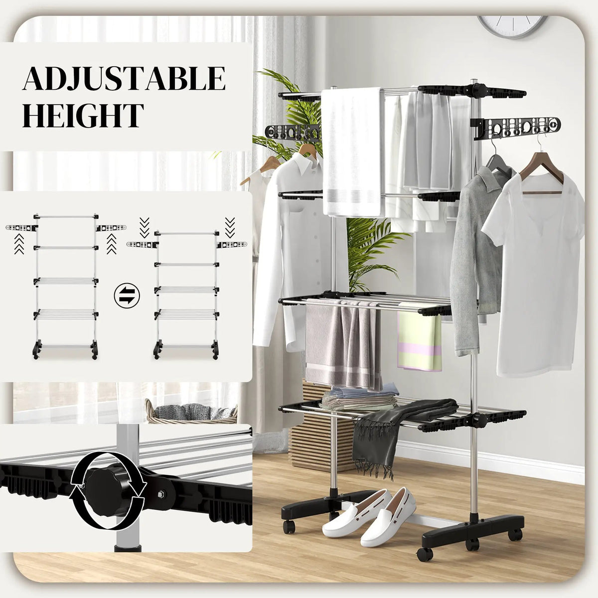 HOMCOM 4-Tier Large Clothes Airer Stainless Steel Clothes Drying Rack Black - from HOMCOM