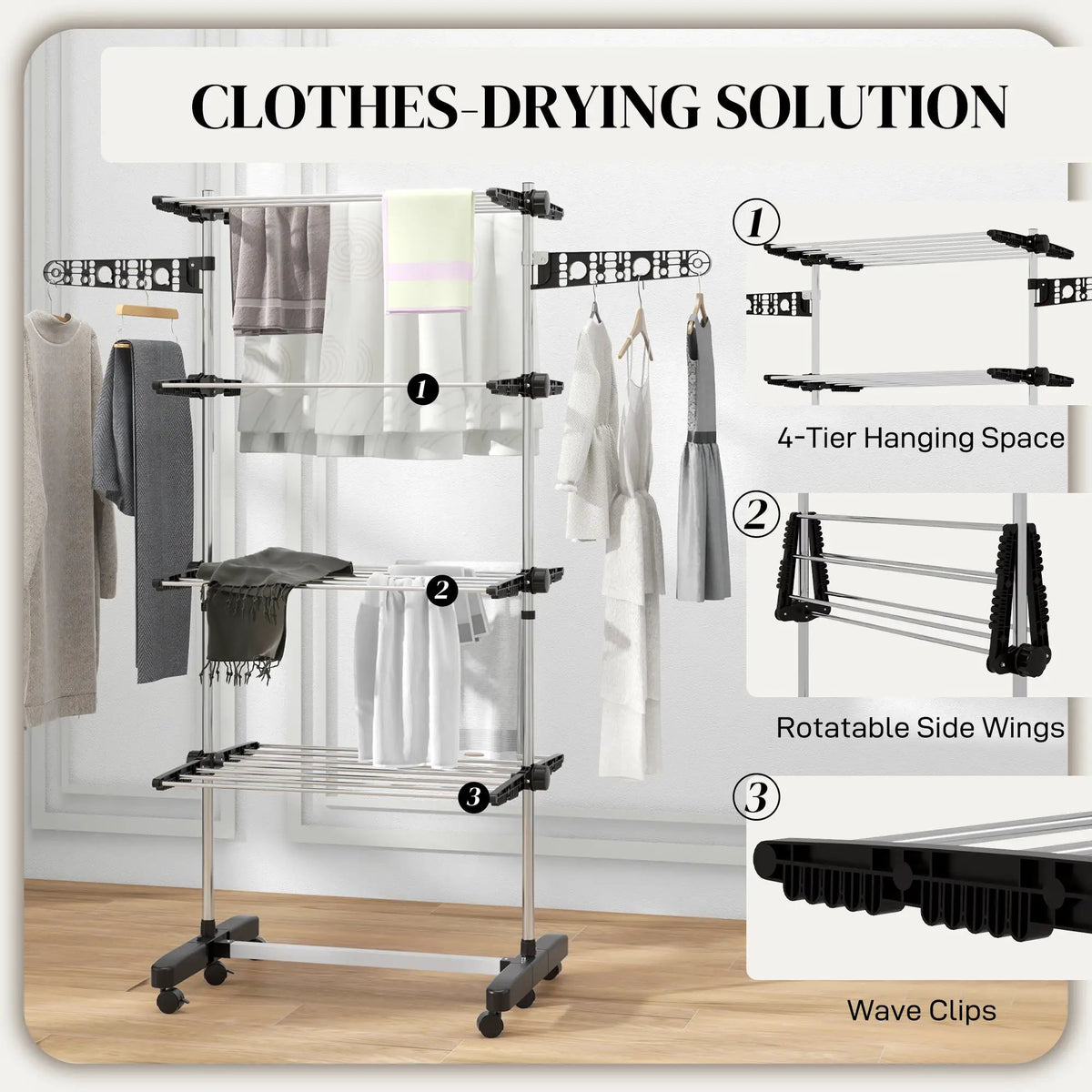 HOMCOM 4-Tier Large Clothes Airer Stainless Steel Clothes Drying Rack Black - from HOMCOM