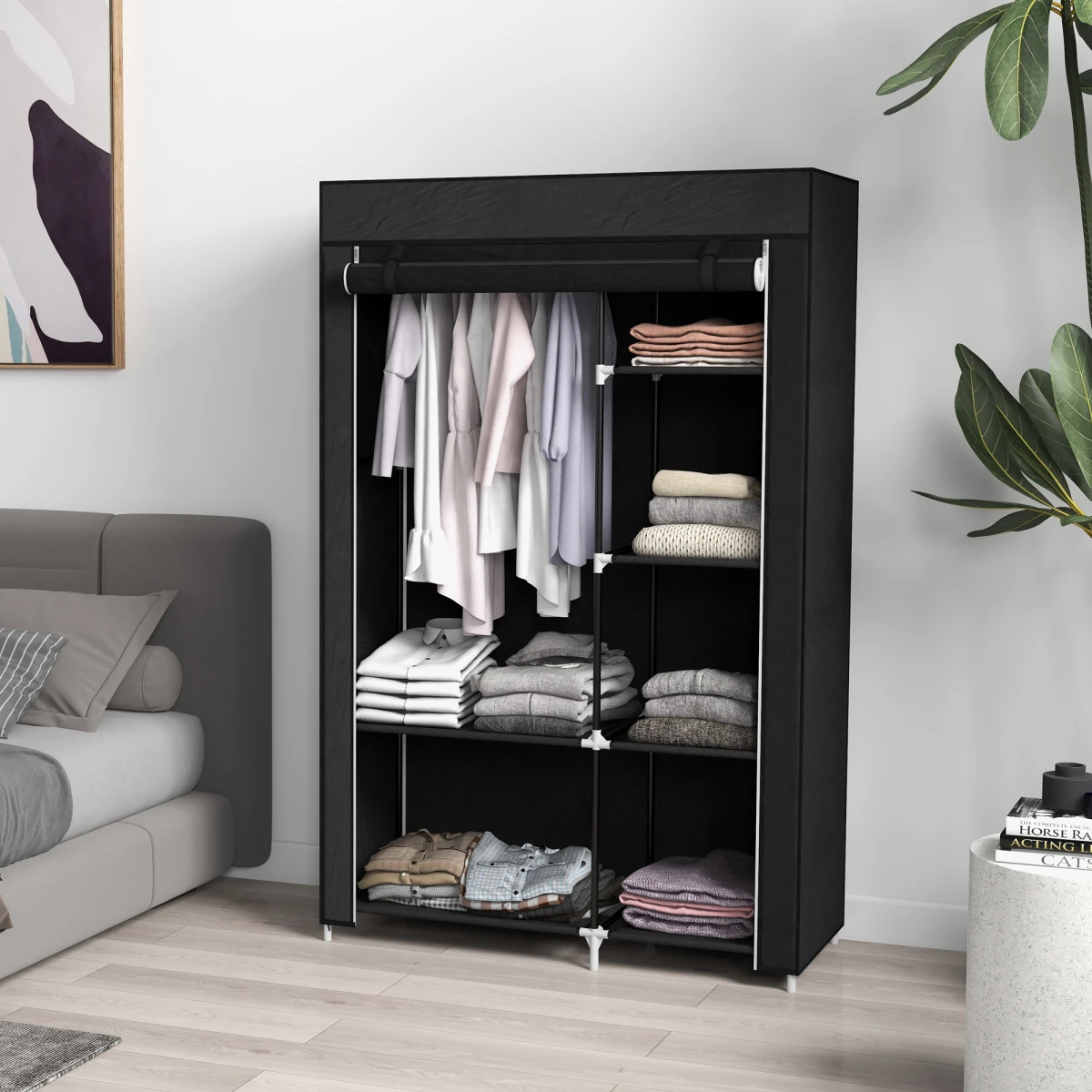 HOMCOM HOMCOM Fabric Wardrobe w/ Shelves Hanging Rail Foldable Closets -