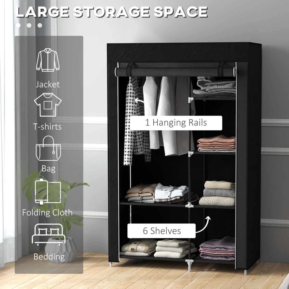 HOMCOM HOMCOM Fabric Wardrobe w/ Shelves Hanging Rail Foldable Closets -