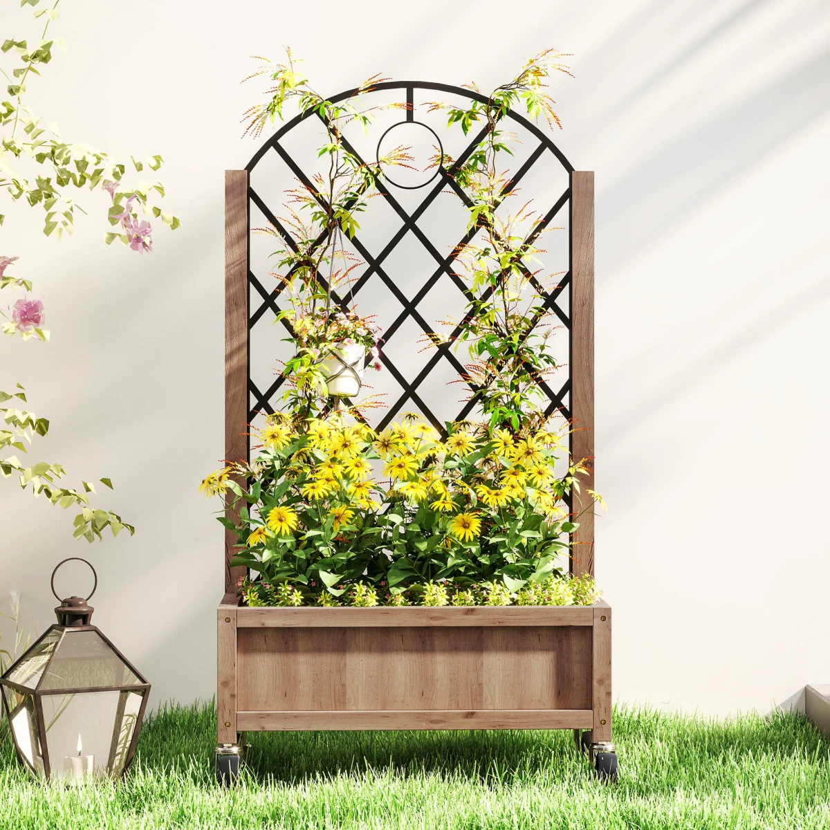 Outsunny Wooden Raised Bed Planter 20x47cm Trellis Wheels by Outsunny