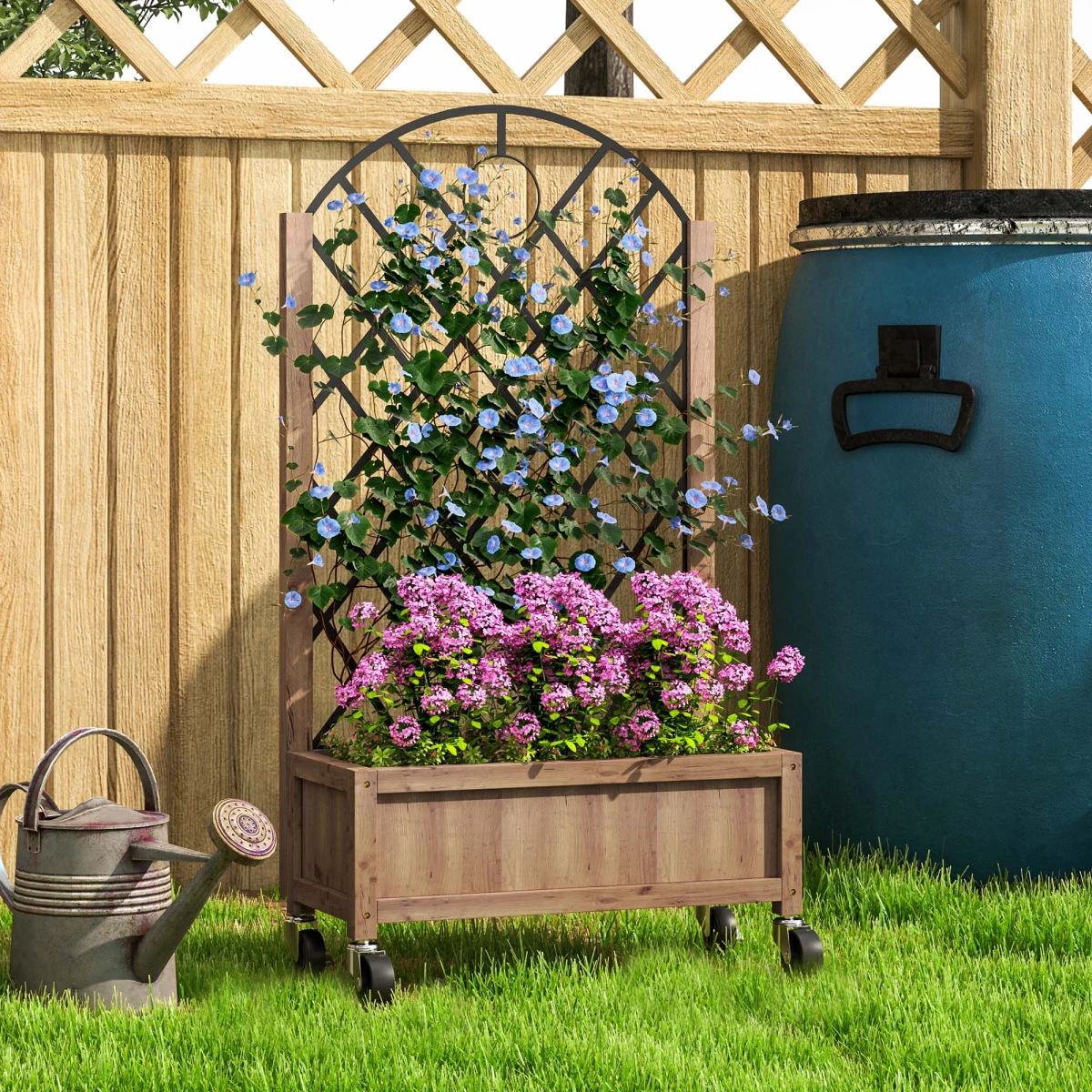 Outsunny Wooden Raised Bed Planter 20x47cm Trellis Wheels by Outsunny