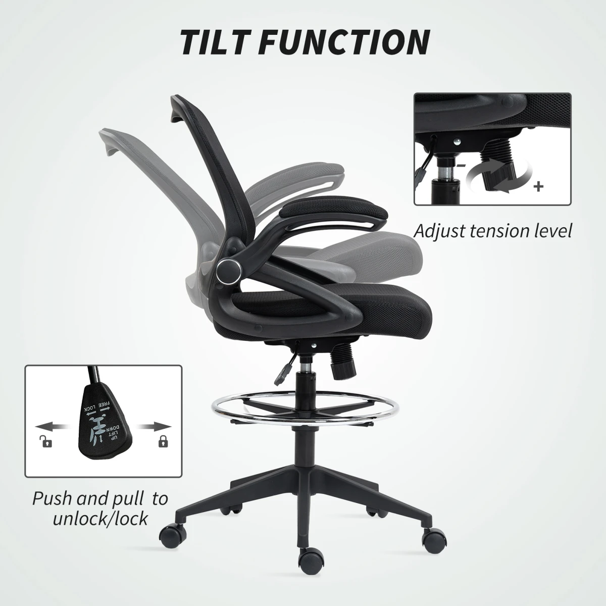 Vinsetto Vinsetto Mesh Office Stool Height Adjustable 360 Degree Swivel Footrest For Desk Work - Office Chair