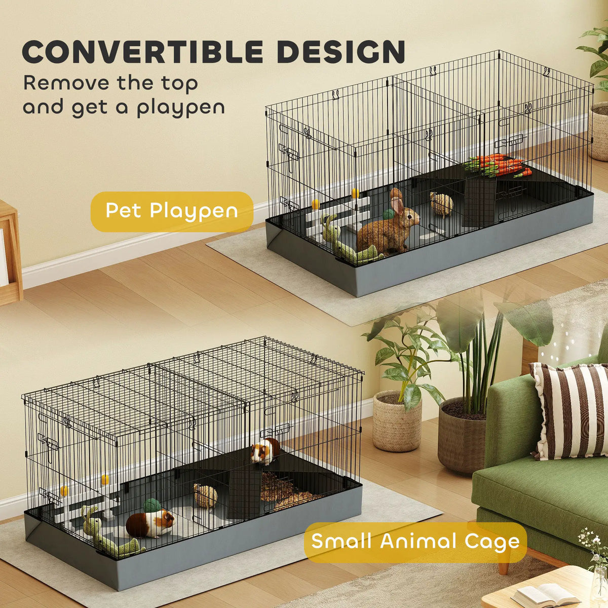 PawHut Guinea Pig Cage, 2 in 1 Rabbit Cage Pet Playpen for Hedgehogs, Black - from PawHut