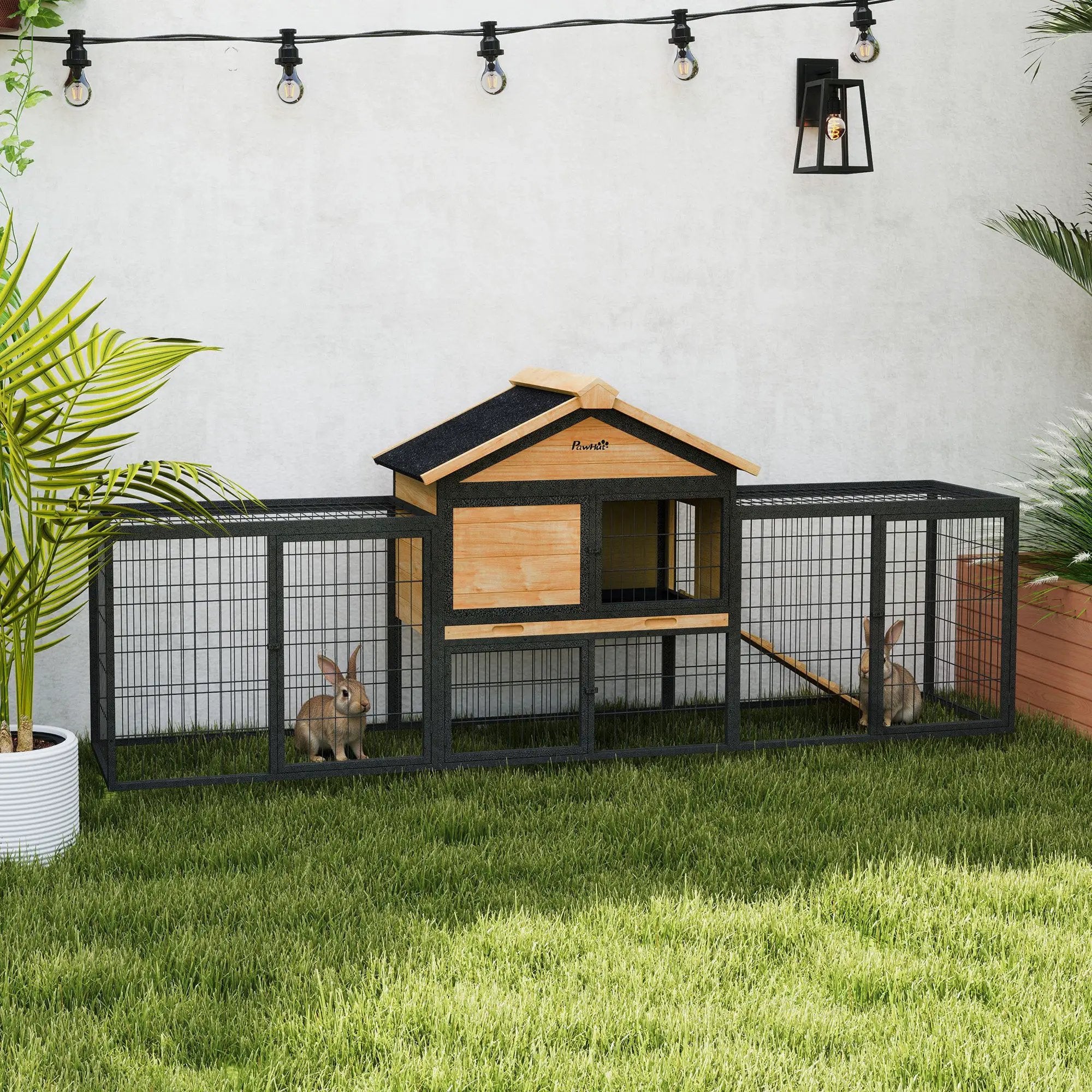 PawHut PawHut Rabbit Hutch Outdoor with Steel Run Removable Plastic Tray Natural - Rabbit Hutch
