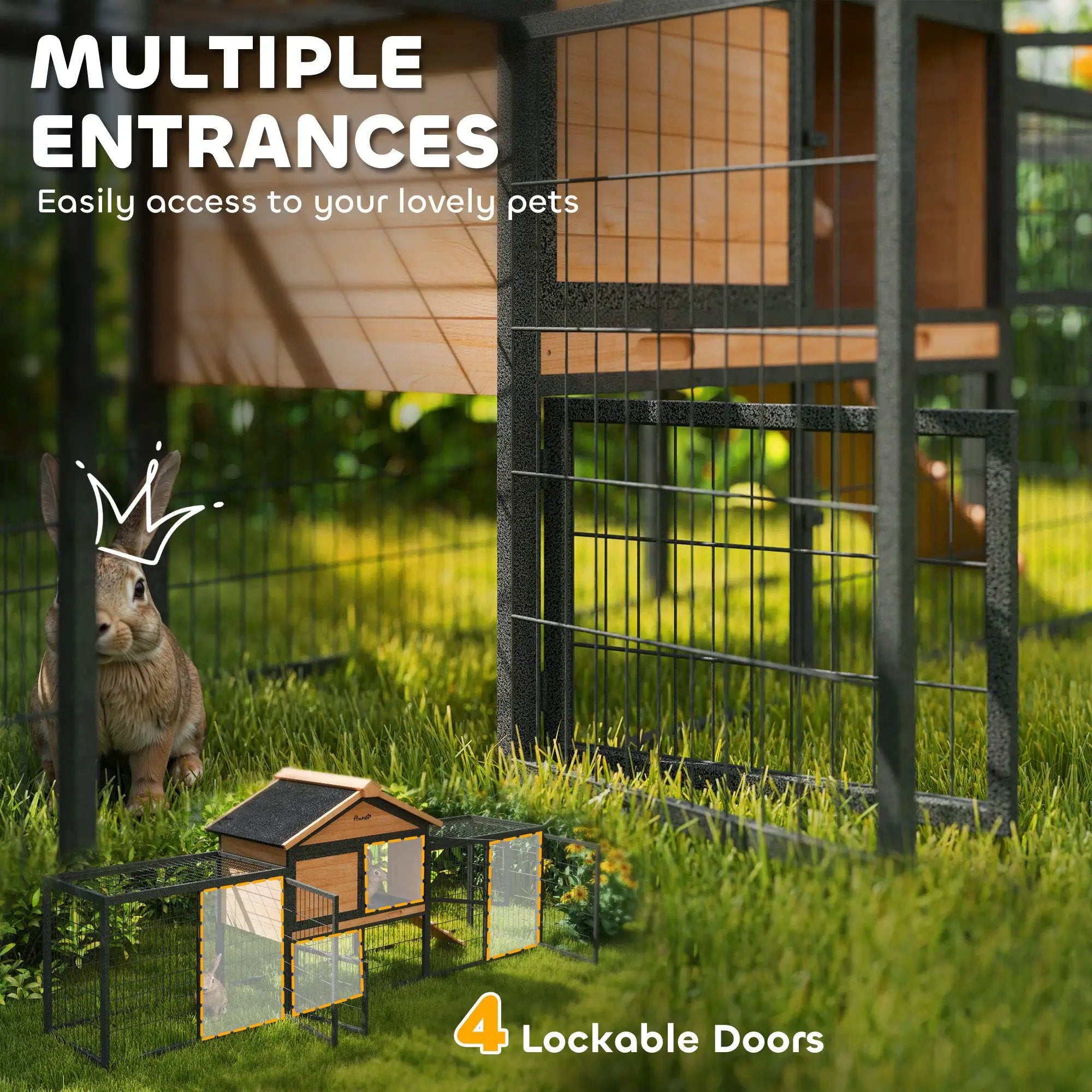 PawHut PawHut Rabbit Hutch Outdoor with Steel Run Removable Plastic Tray Natural - Rabbit Hutch