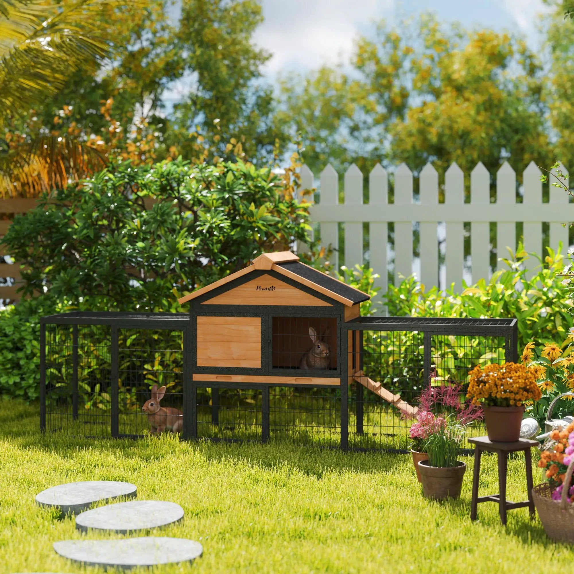 PawHut PawHut Rabbit Hutch Outdoor with Steel Run Removable Plastic Tray Natural - Rabbit Hutch