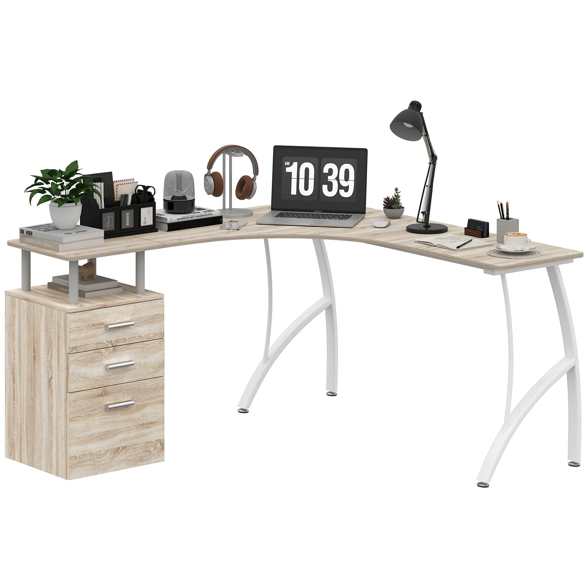 HOMCOM L Shaped Corner Desk With Three Drawer Cabinet And Melamine Surface For Home Office Use - Desk