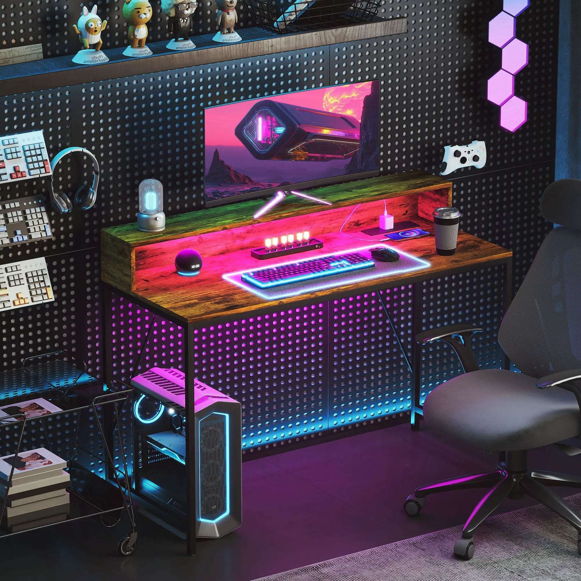 HOMCOM HOMCOM Computer Desk with LED Lights, Study Table with Shelf, Rustic Brown - Desk