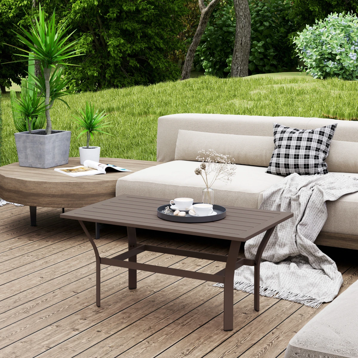 Outsunny Outsunny Outdoor Coffee Table 91.5 X 55 Cm Slatted Top Weatherproof Metal Frame For Garden - Coffee Table