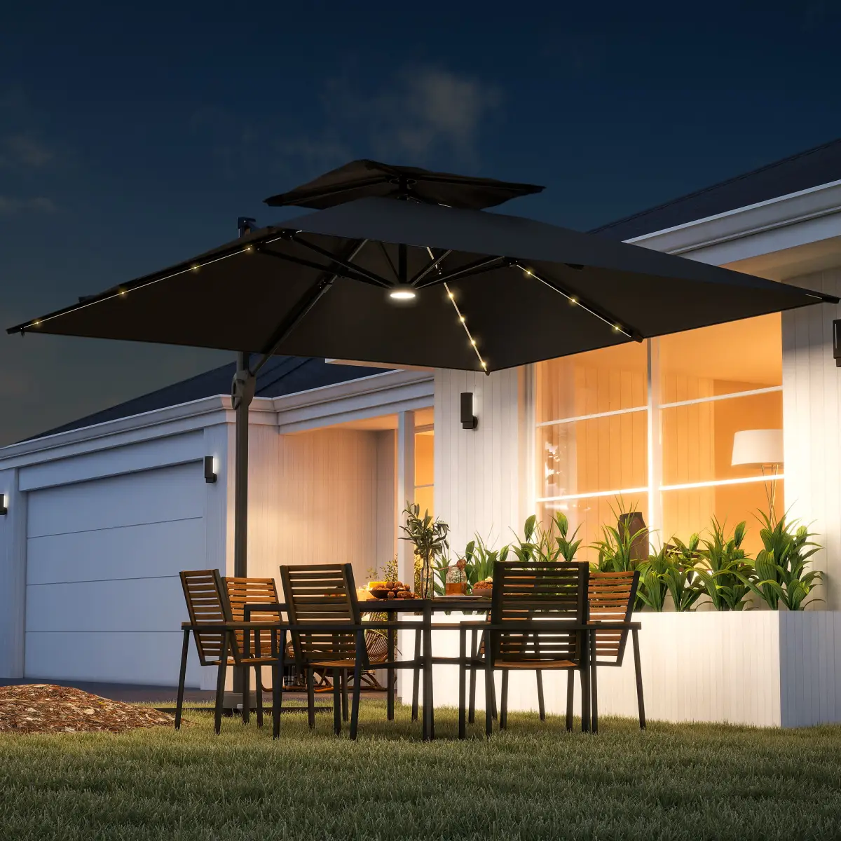 Outsunny Outsunny 3.5m Aluminium Cantilever Parasol w/ LED Lights Crank Tilt UV50+ - Parasol