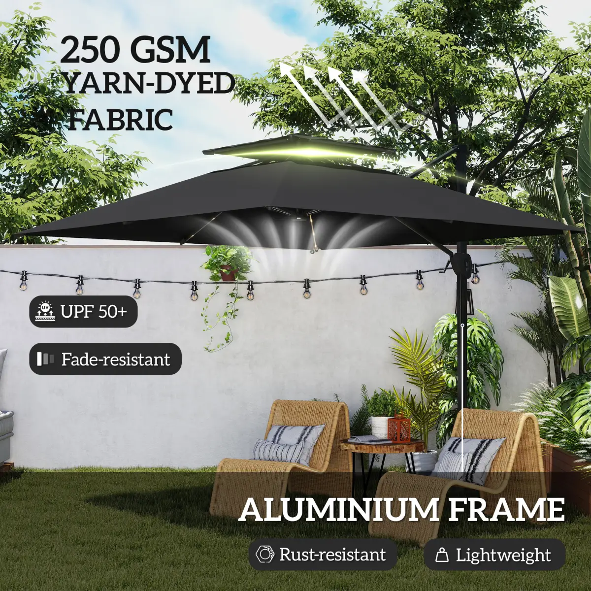 Outsunny Outsunny 3.5m Aluminium Cantilever Parasol w/ LED Lights Crank Tilt UV50+ - Parasol