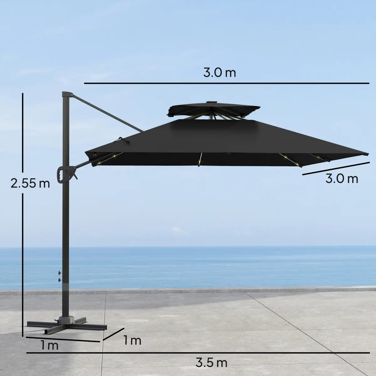 Outsunny Outsunny 3.5m Aluminium Cantilever Parasol w/ LED Lights Crank Tilt UV50+ - Parasol