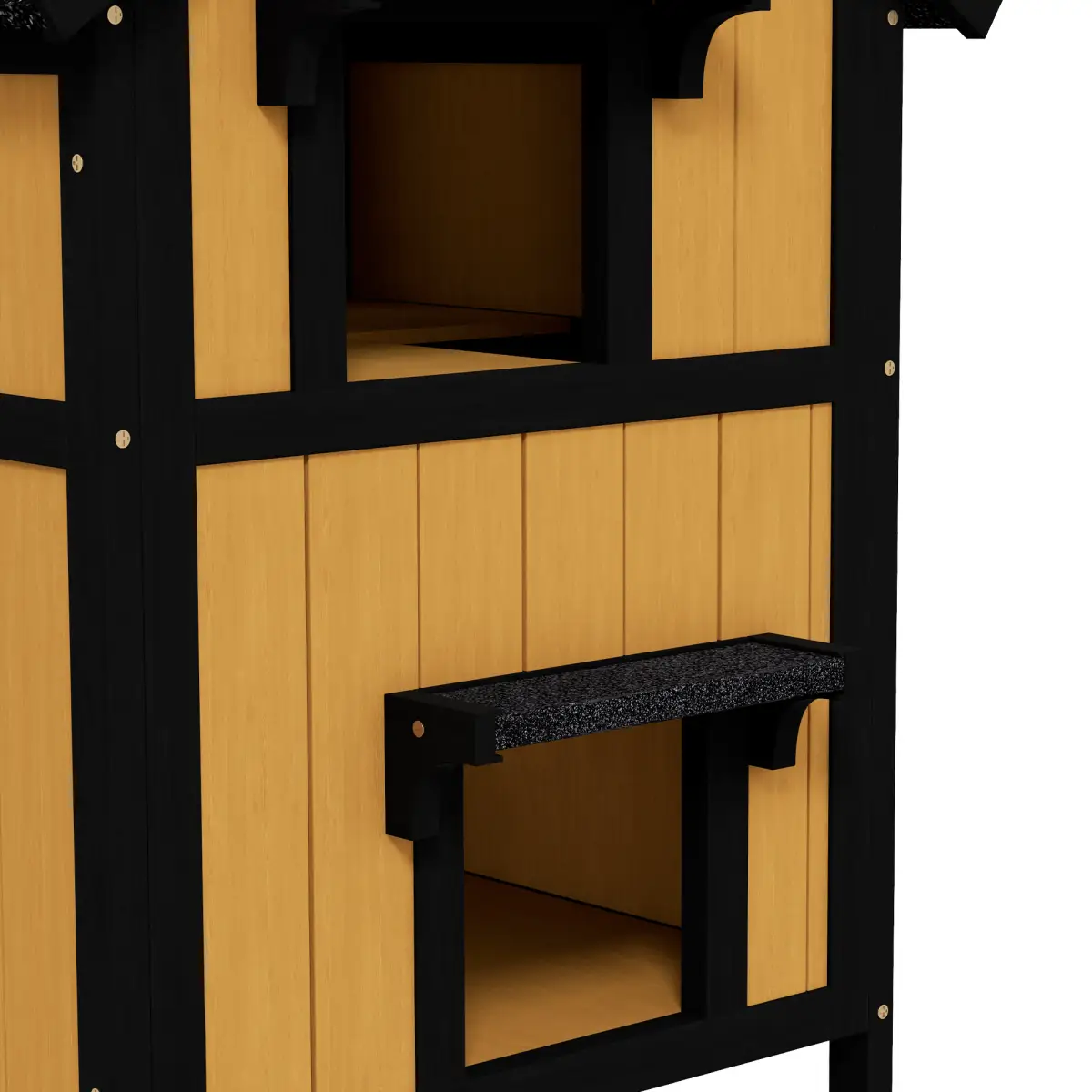 PawHut Wooden Outdoor Cat House w/ Flower Pot, Windows, Multiple Entrances - Cat House