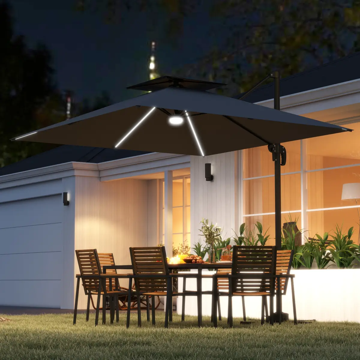 Outsunny Outsunny 2.5m Cantilever Parasol, Garden Parasol with Lights - Parasol