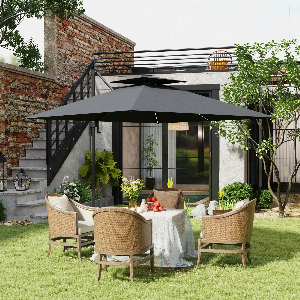 Outsunny Outsunny 2.5m Cantilever Parasol, Garden Parasol with Lights - Parasol