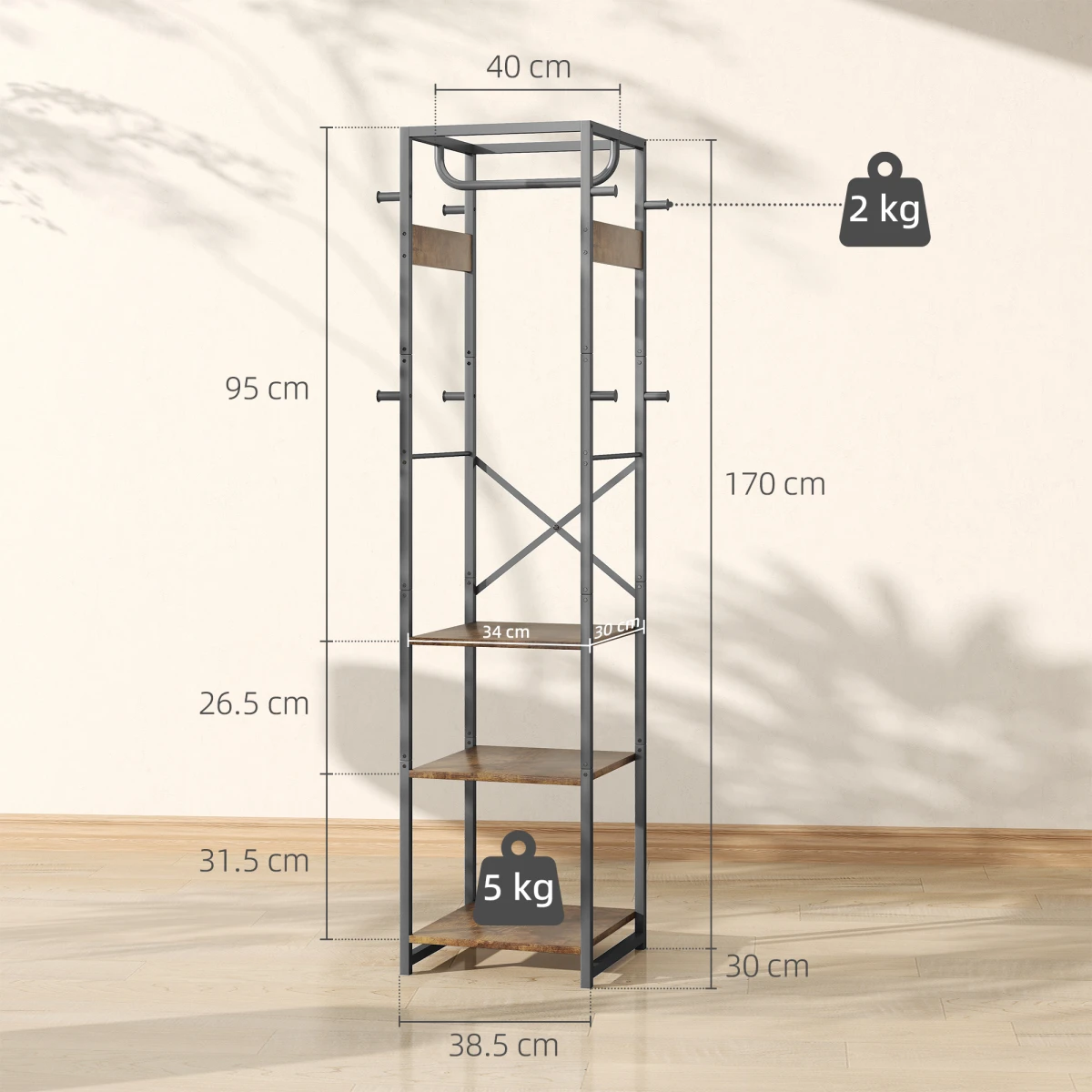HOMCOM Clothes Rack 40cm Rail Shelves Hooks Small Spaces - Wardrobe