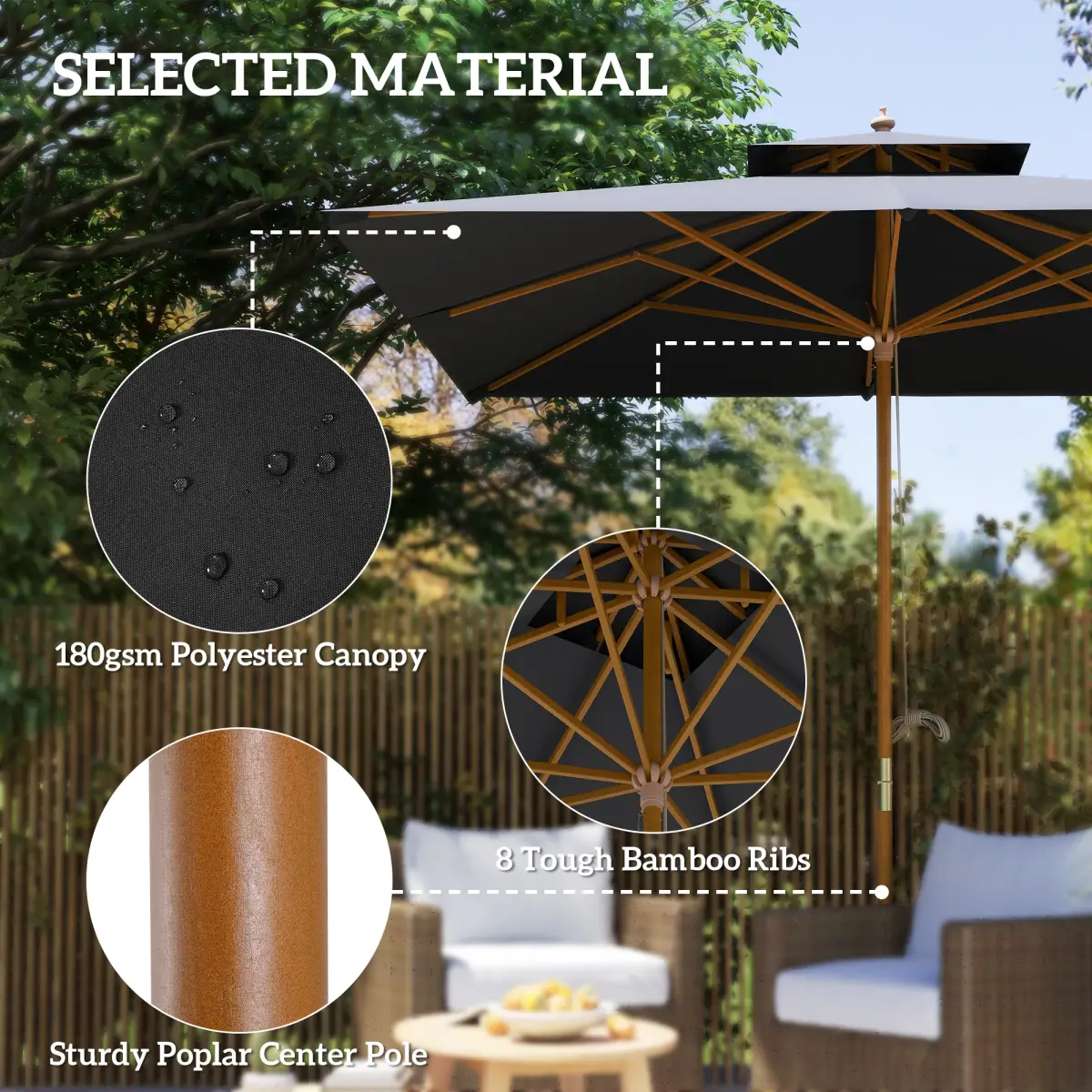 Outsunny Outsunny 3(m) Wood Square Umbrella Garden Market Parasol Sunshade - Parasol