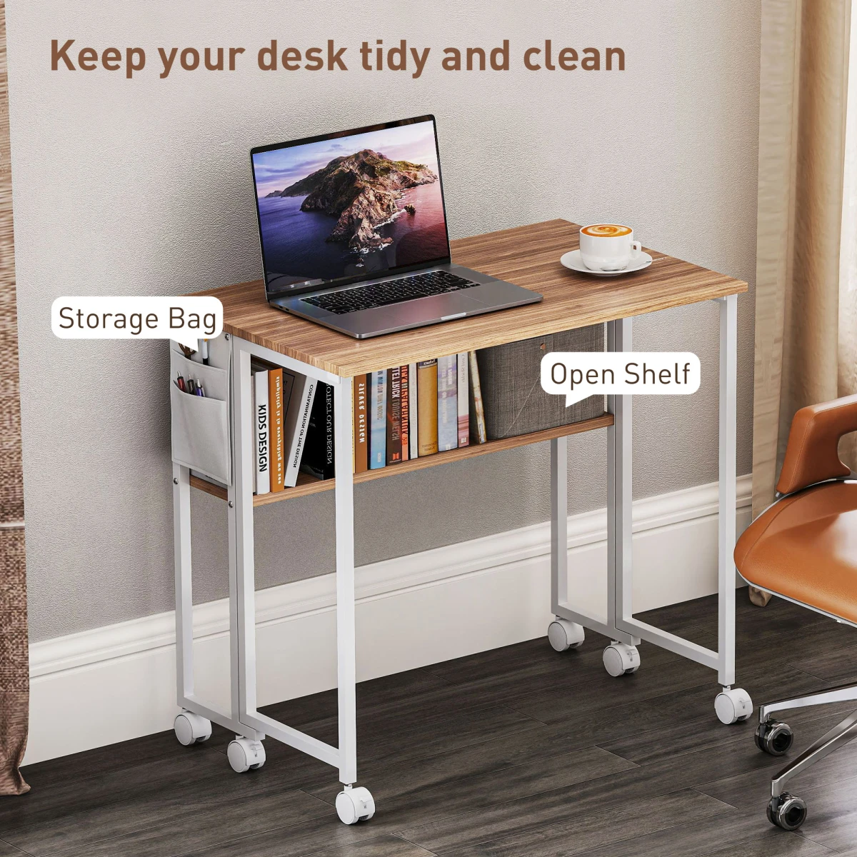 HOMCOM HOMCOM Foldable Computer Desk 80cm Wide On Wheels with Drop Leaf and Storage Shelf for Small Spaces - Desk