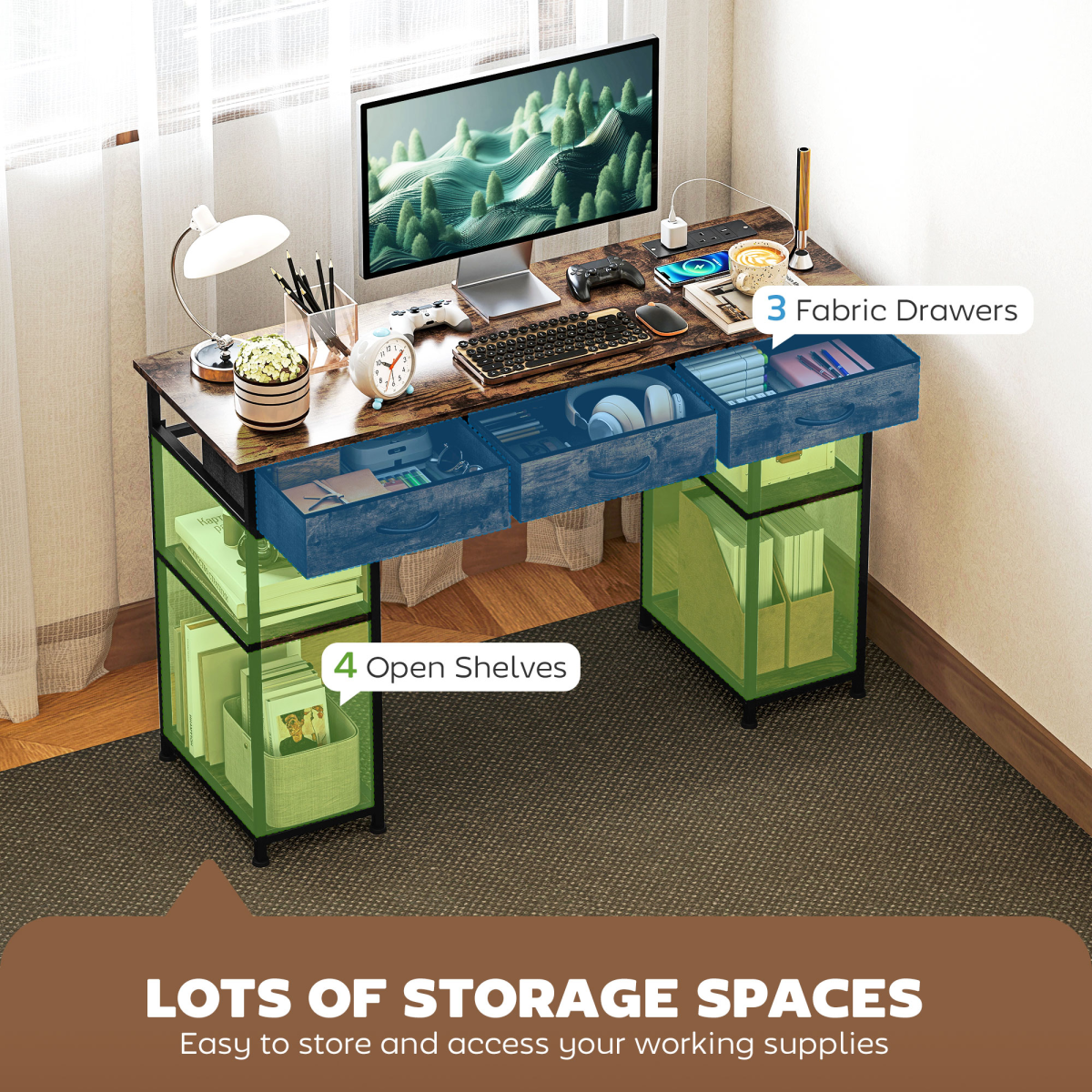 HOMCOM HOMCOM Computer Writing Desk Full Size Built In Charging Station with Drawers and Shelves for Home Office - Desk