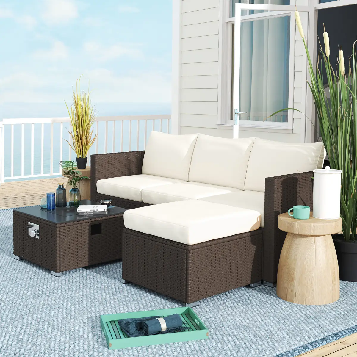Outsunny Outsunny 4 Seater Rattan Sofa Set with Footstool Thick Cushions - Garden Sofa Sets
