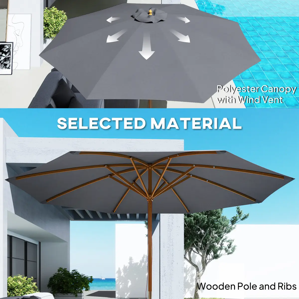 Outsunny Outsunny Wooden Garden Parasol with Rope Pulley Mechanism - Parasol