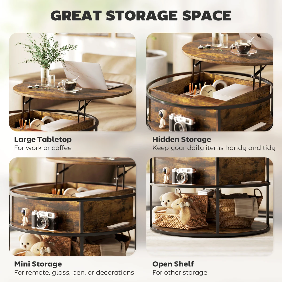 HOMCOM Lift Top Round Coffee Table With Hidden Storage Brown Finish For Small Living Rooms by HOMCOM