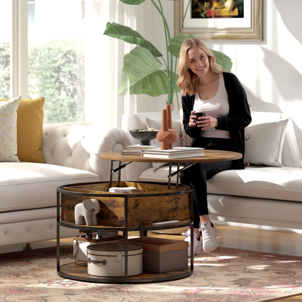 HOMCOM Lift Top Round Coffee Table With Hidden Storage Brown Finish For Small Living Rooms by HOMCOM