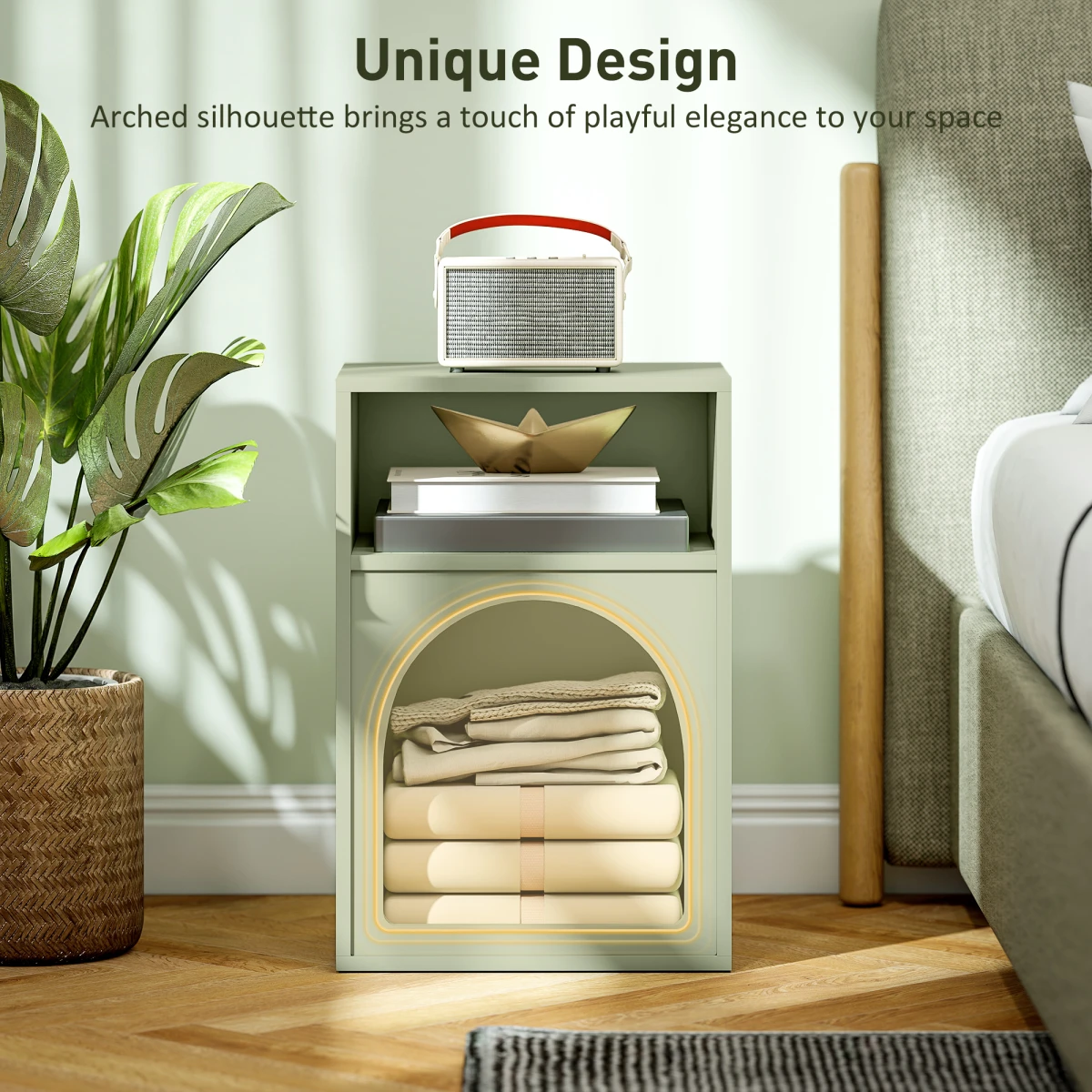 HOMCOM HOMCOM Bedside Table Modern Arch Design Light Green Finish 40W By 30D Two Open Shelves For Bedroom - Bedside Table