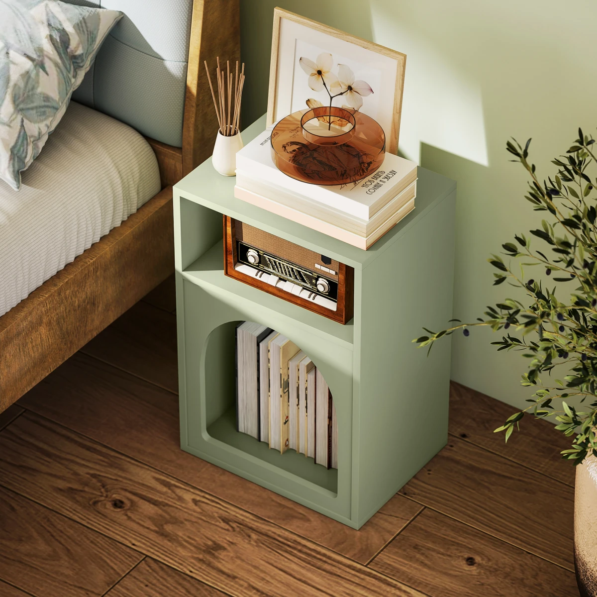 HOMCOM HOMCOM Bedside Table Modern Arch Design Light Green Finish 40W By 30D Two Open Shelves For Bedroom - Bedside Table