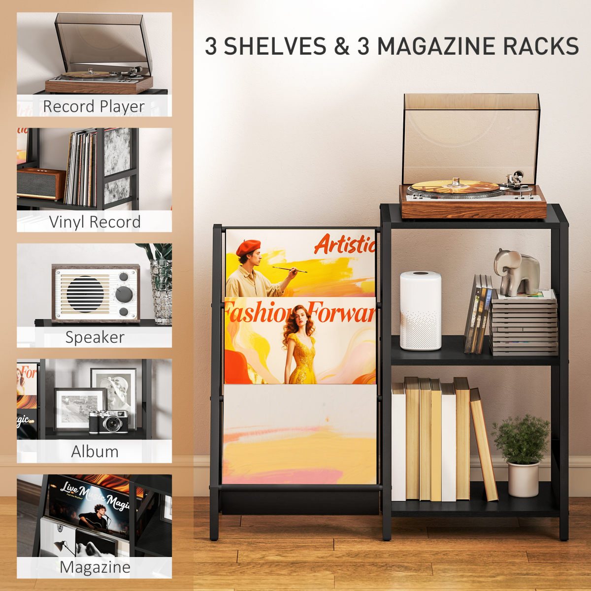 HOMCOM Record Player Stand 3 Tier Side Table with Vinyl Storage for Home Audio Enthusiasts by HOMCOM