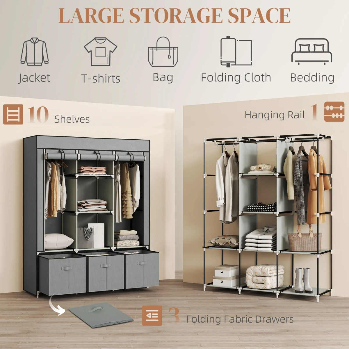 HOMCOM Portable Wardrobe w/ 5 Shelves 3 Fabric Drawers and 2 Hanging Rails by HOMCOM