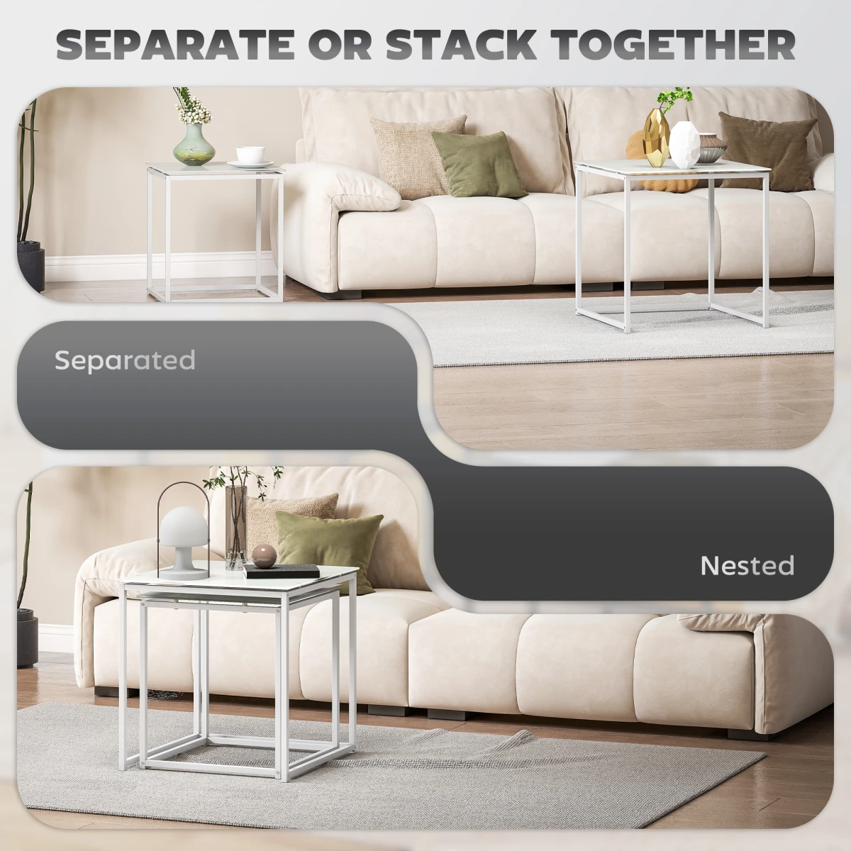 HOMCOM Nest of 2 Side Tables Glass Tops With Steel Frame for Living Room and Bedroom - Nest of Tables