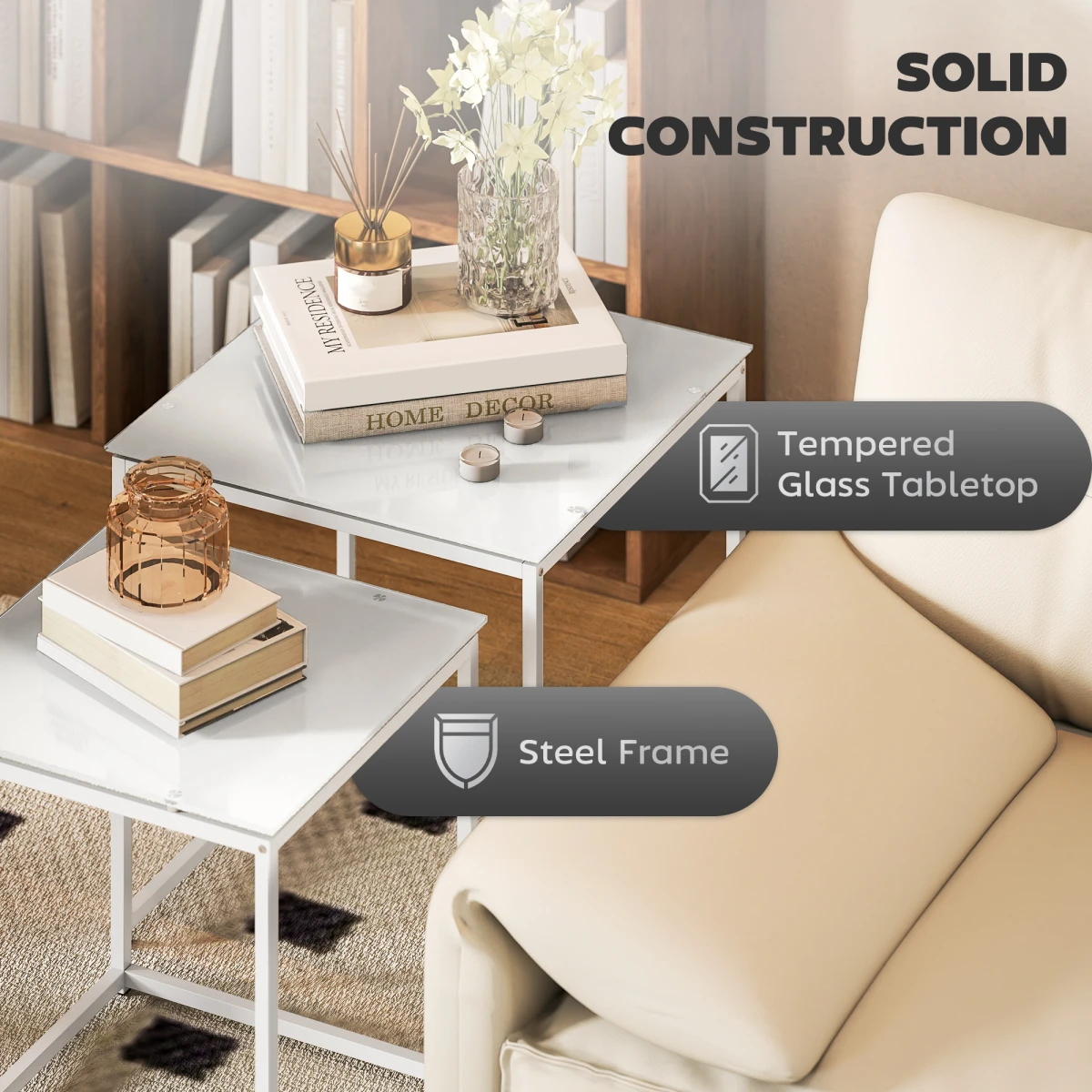 HOMCOM Nest of 2 Side Tables Glass Tops With Steel Frame for Living Room and Bedroom - Nest of Tables