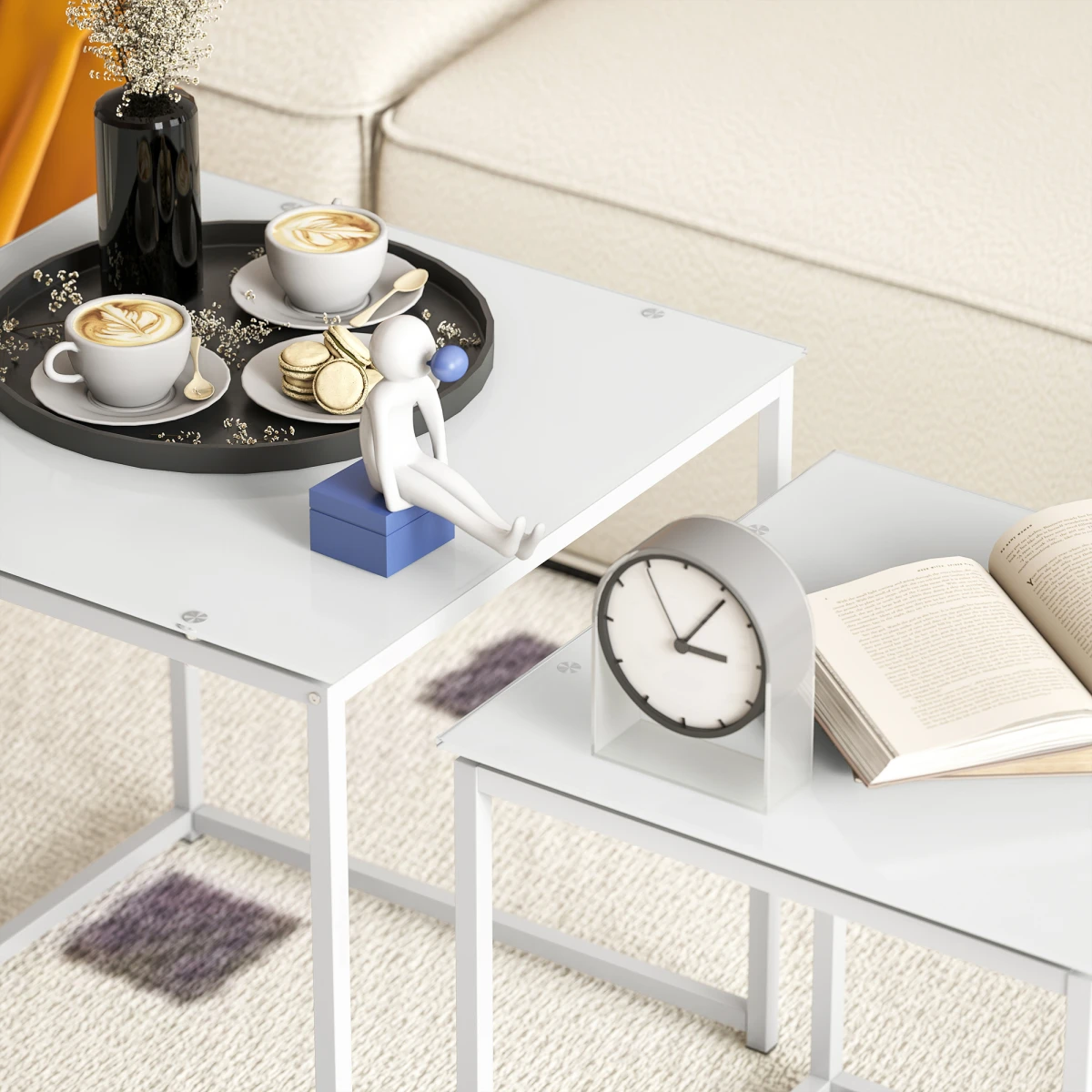 HOMCOM Nest of 2 Side Tables Glass Tops With Steel Frame for Living Room and Bedroom - Nest of Tables