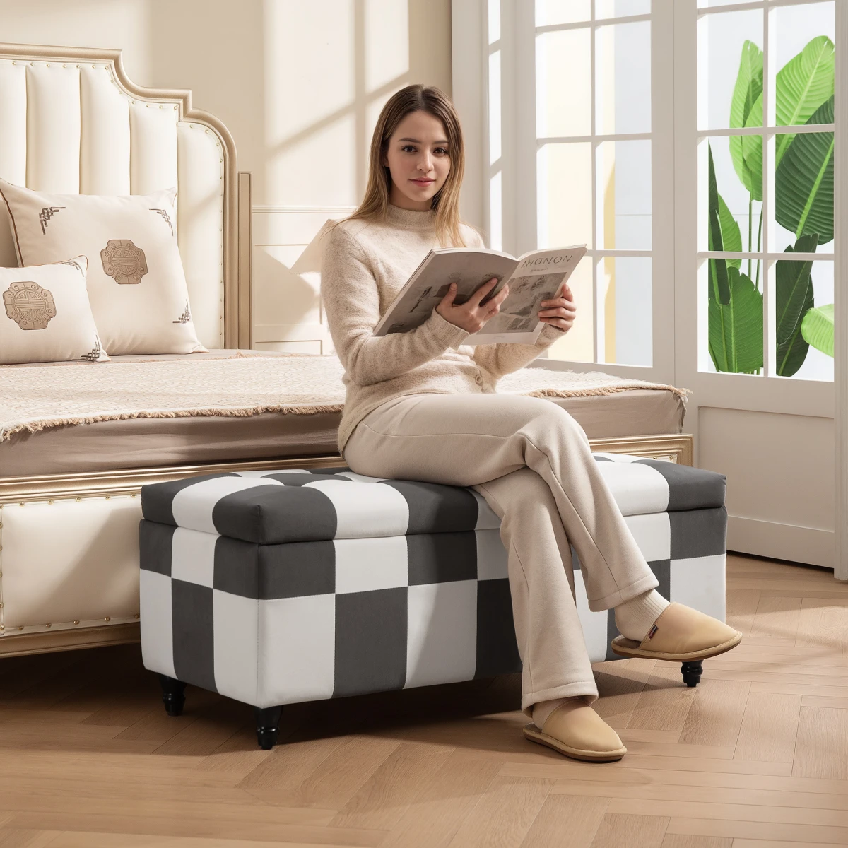 HOMCOM HOMCOM 114 x 47 x 47cm Velvet Storage Ottoman, Button-tufted Footstool Box - Footstool